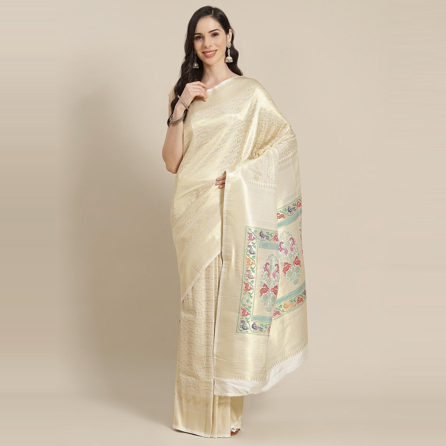 Cream Festive Wear Woven Kanjivaram Silk Saree - Peachmode