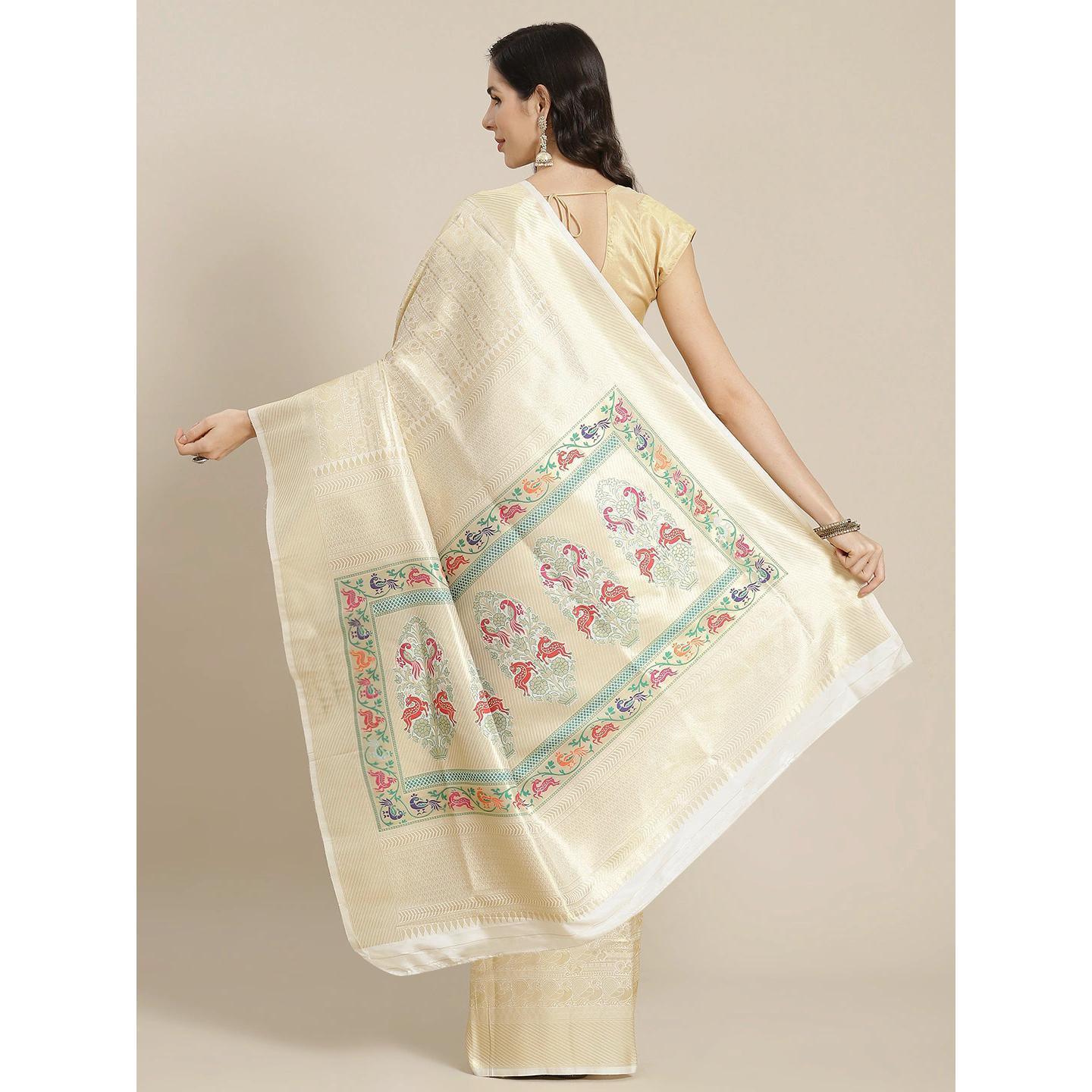 Cream Festive Wear Woven Kanjivaram Silk Saree - Peachmode