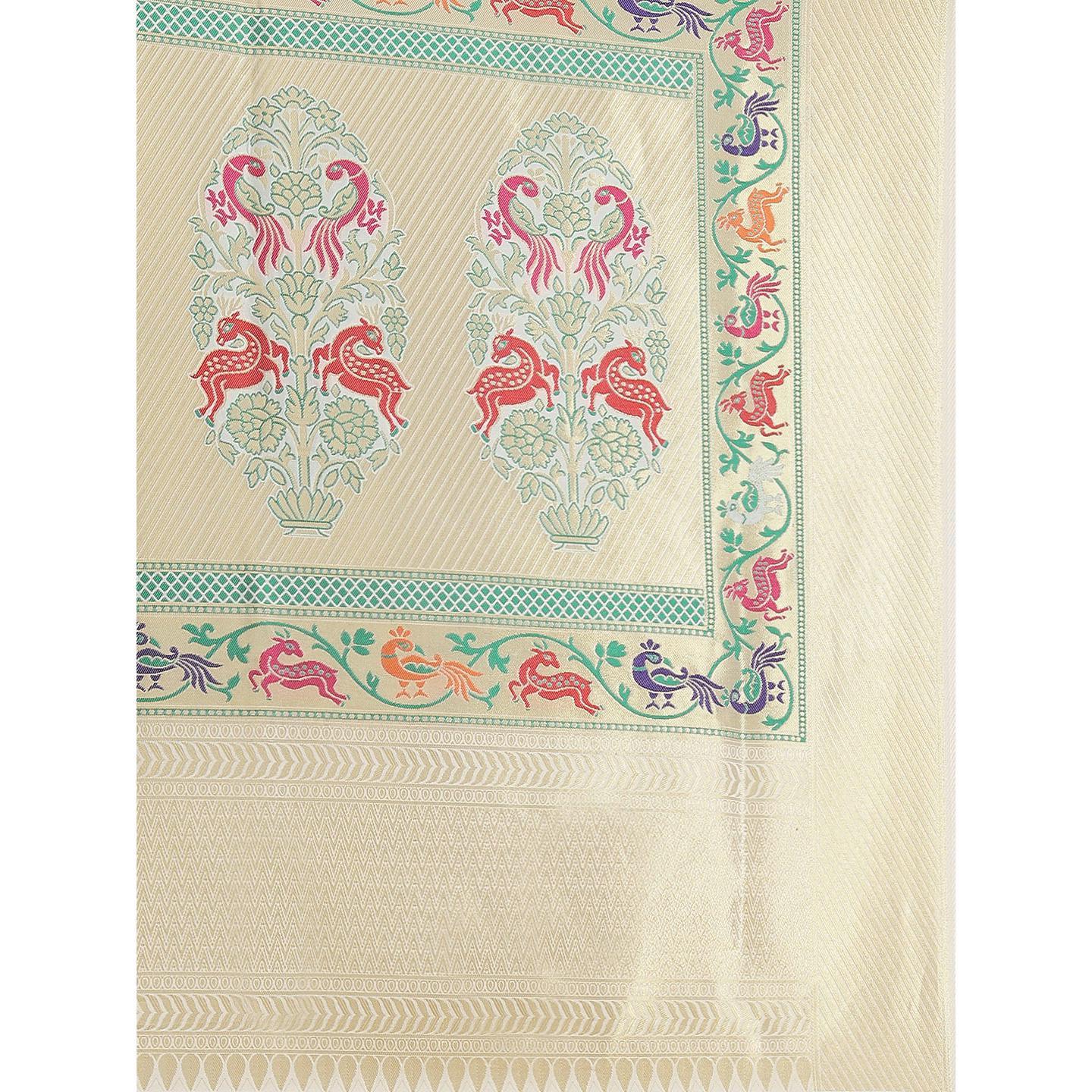 Cream Festive Wear Woven Kanjivaram Silk Saree - Peachmode