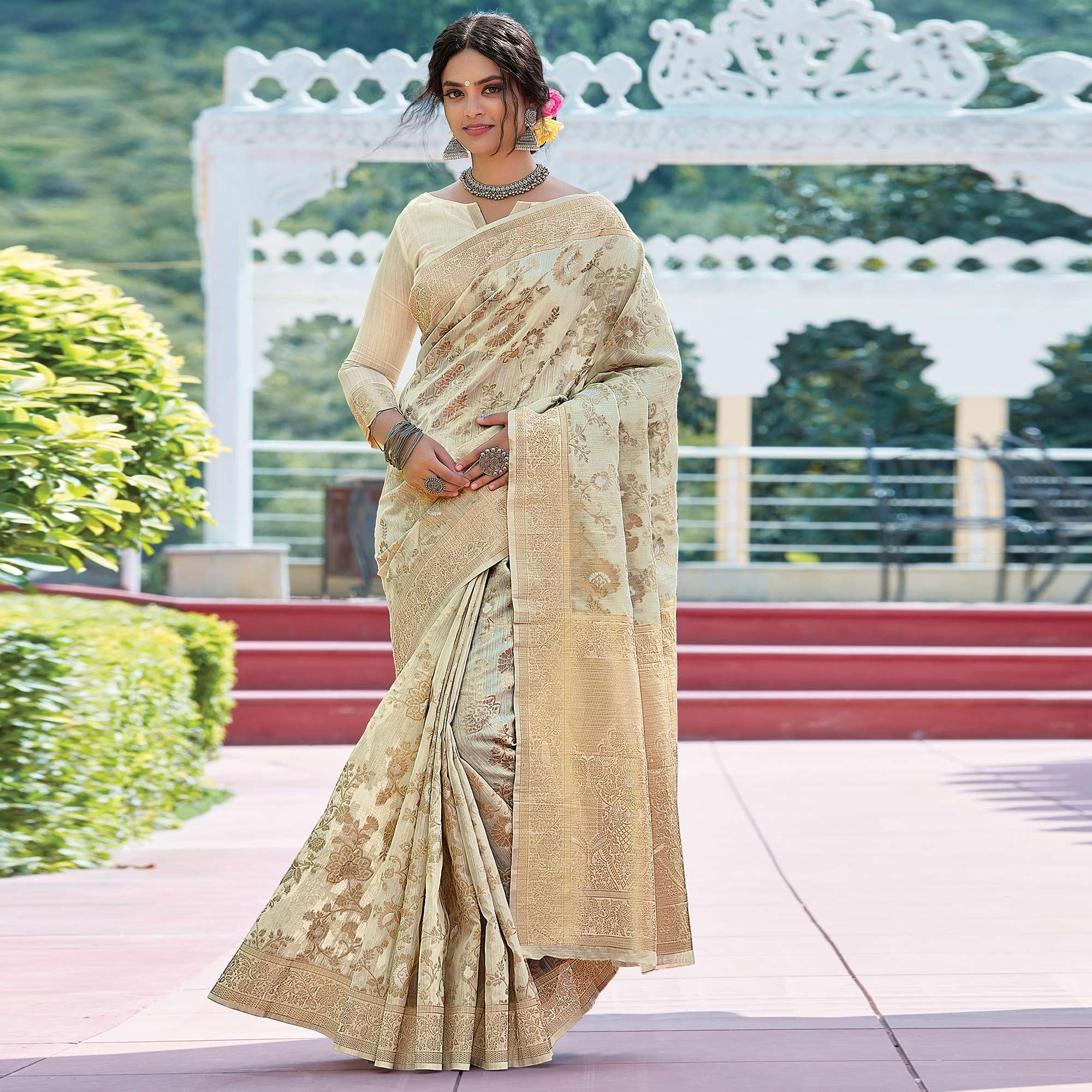Cream Festive Wear Woven Linen Saree - Peachmode