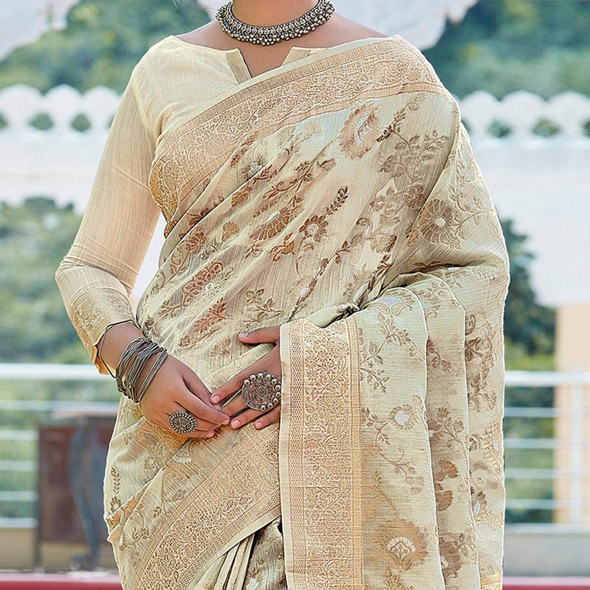 Cream Festive Wear Woven Linen Saree - Peachmode