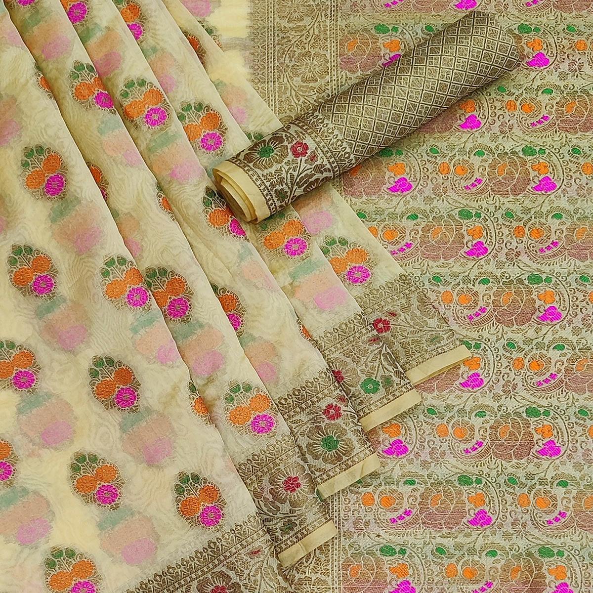 Cream Festive Wear Woven Organza Saree - Peachmode