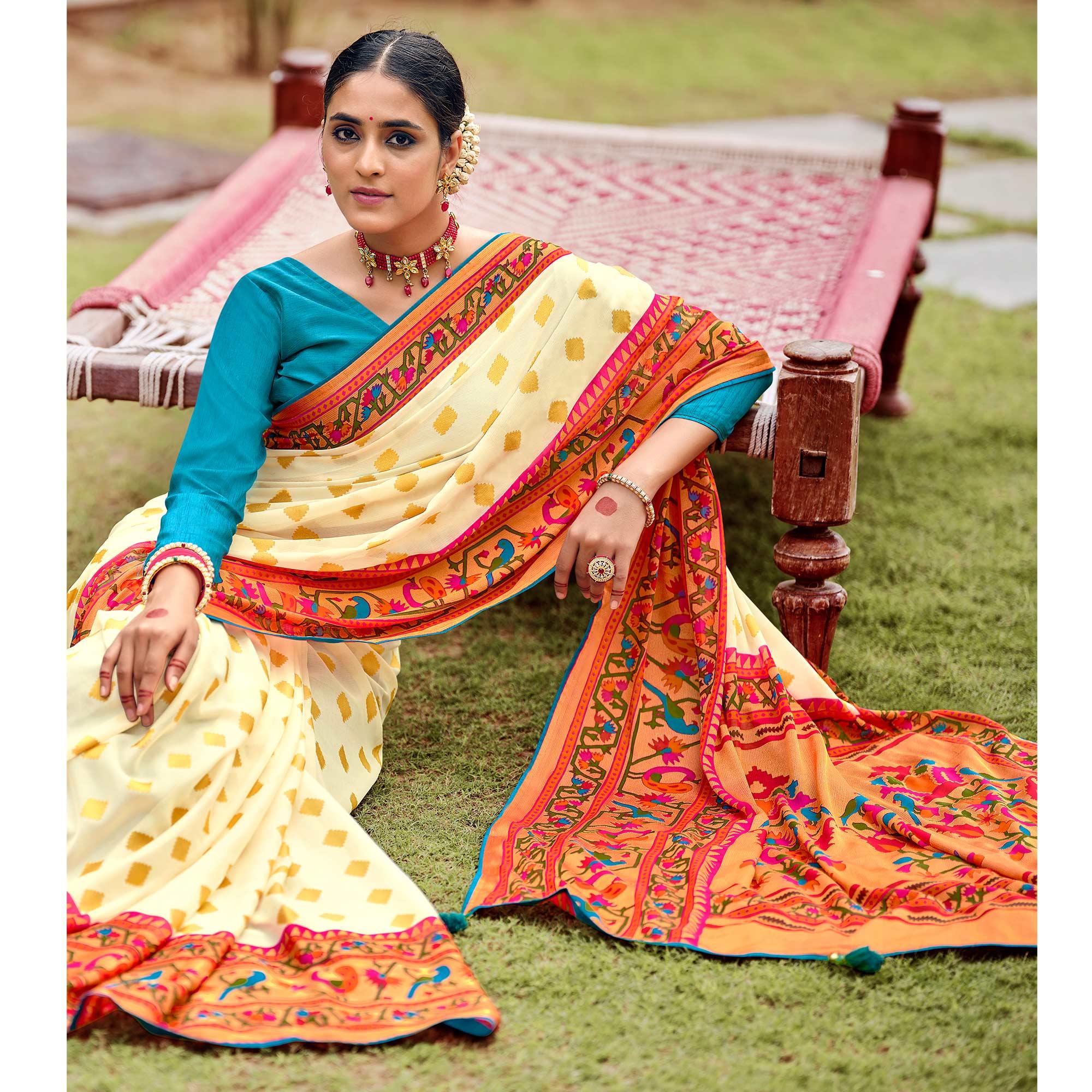 Cream Festive Wear Woven Paithani Silk Brasso Saree - Peachmode