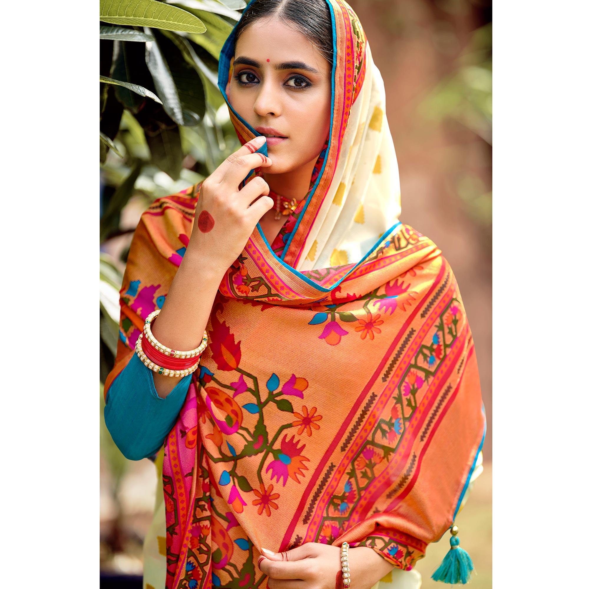 Cream Festive Wear Woven Paithani Silk Brasso Saree - Peachmode