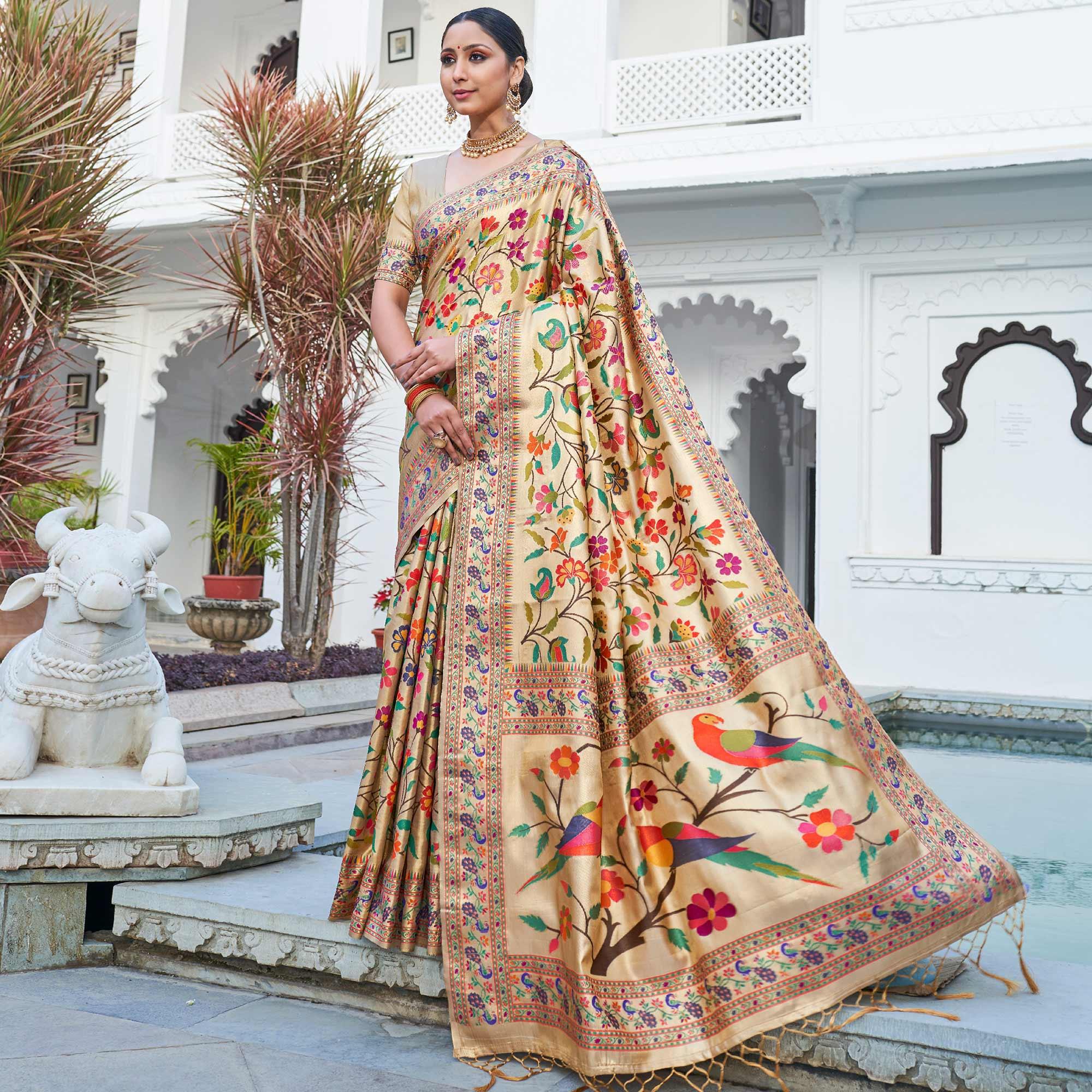 Cream Festive Wear Woven Pure Paithani Silk Saree - Peachmode