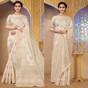 Cream Festive Wear Woven Raw Silk Saree - Peachmode