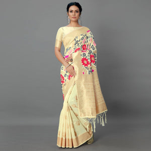 Cream Festive Wear Woven Silk Blend Saree - Peachmode
