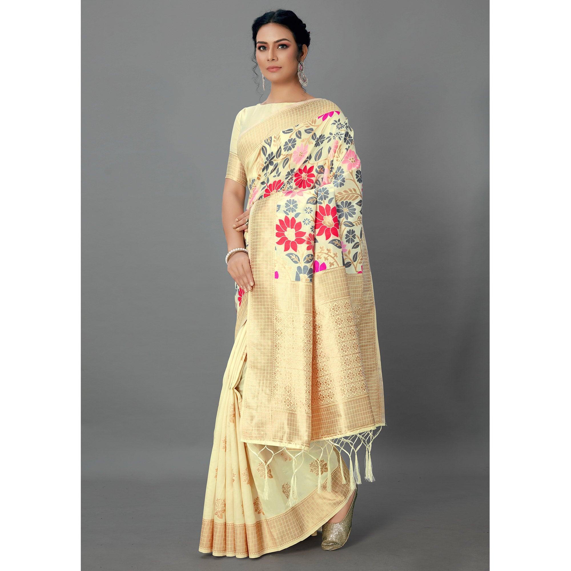 Cream Festive Wear Woven Silk Blend Saree - Peachmode