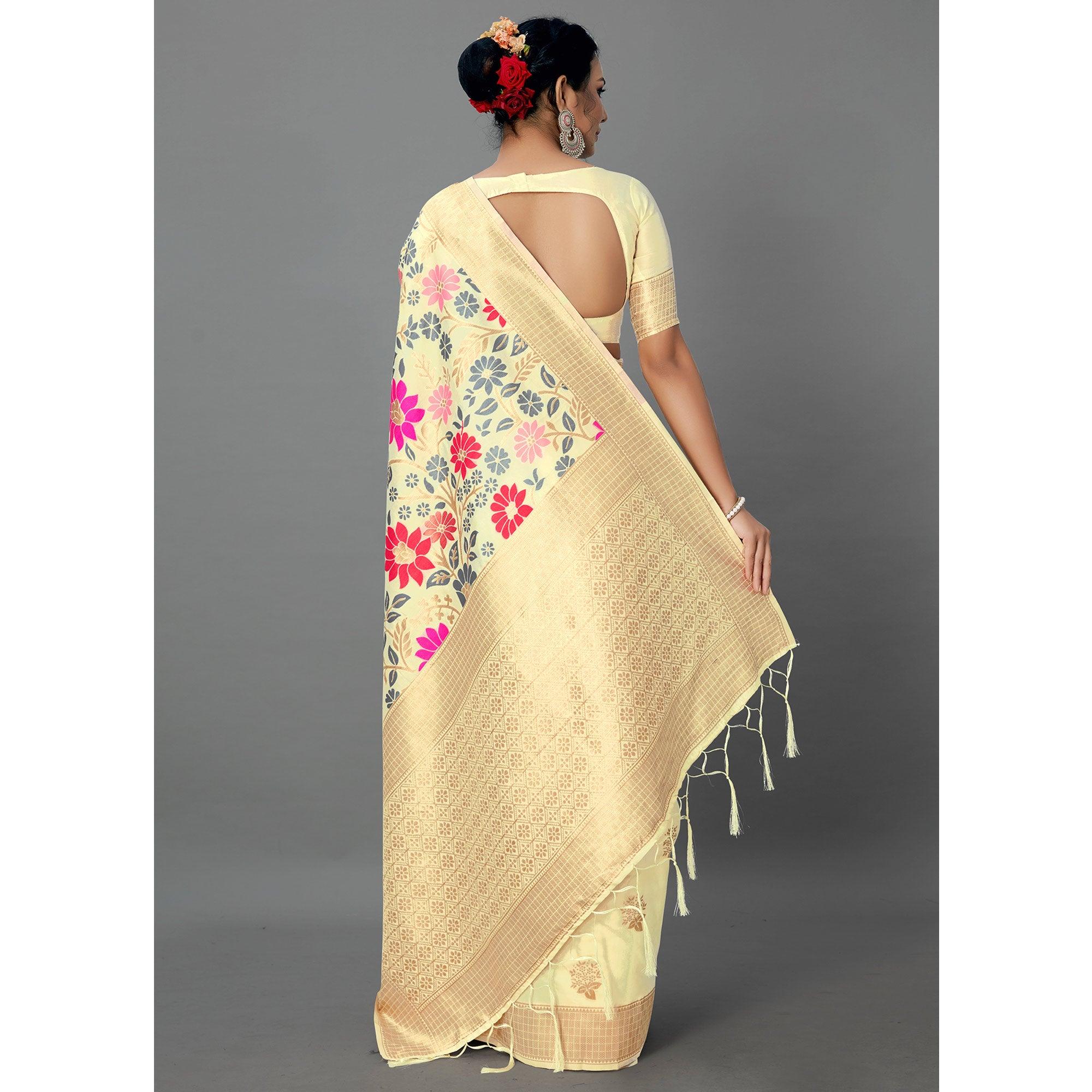 Cream Festive Wear Woven Silk Blend
 Saree - Peachmode