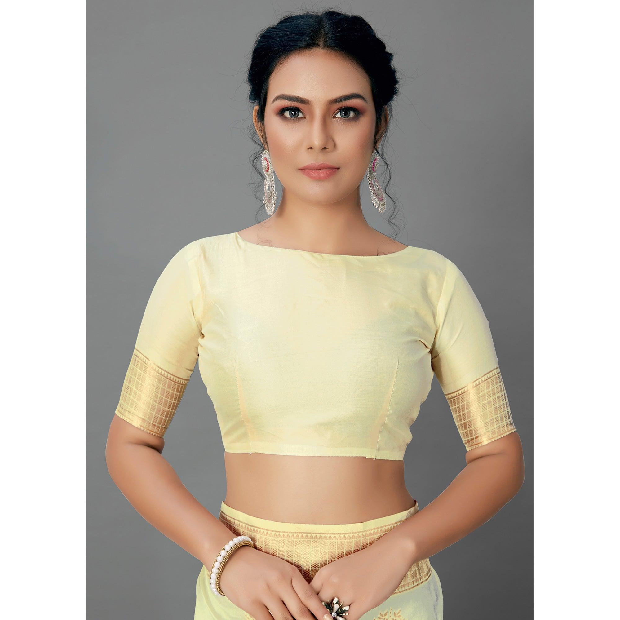 Cream Festive Wear Woven Silk Blend Saree - Peachmode