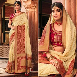 Cream Festive Wear Woven Silk Saree - Peachmode