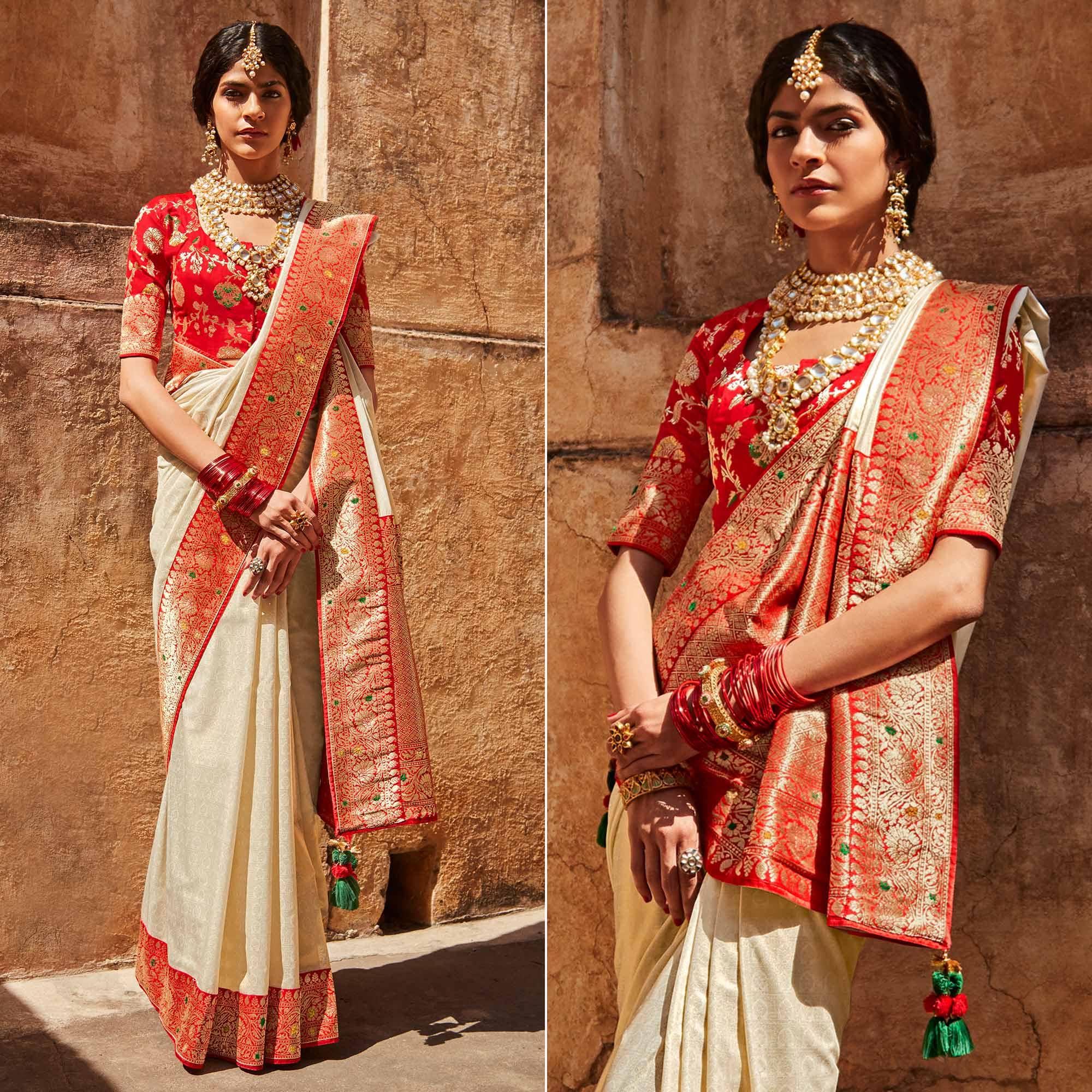 Cream Festive Wear Woven Silk Saree - Peachmode