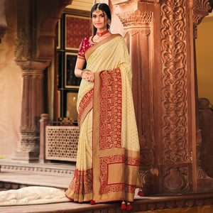 Cream Festive Wear Woven Silk Saree - Peachmode