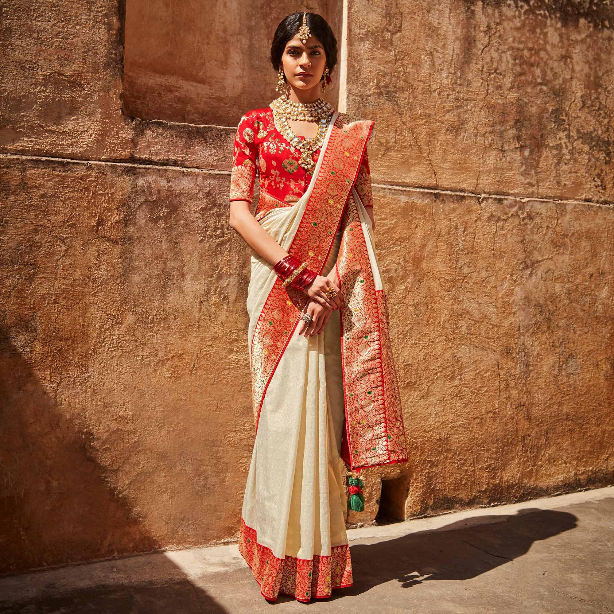 Cream Festive Wear Woven Silk Saree - Peachmode