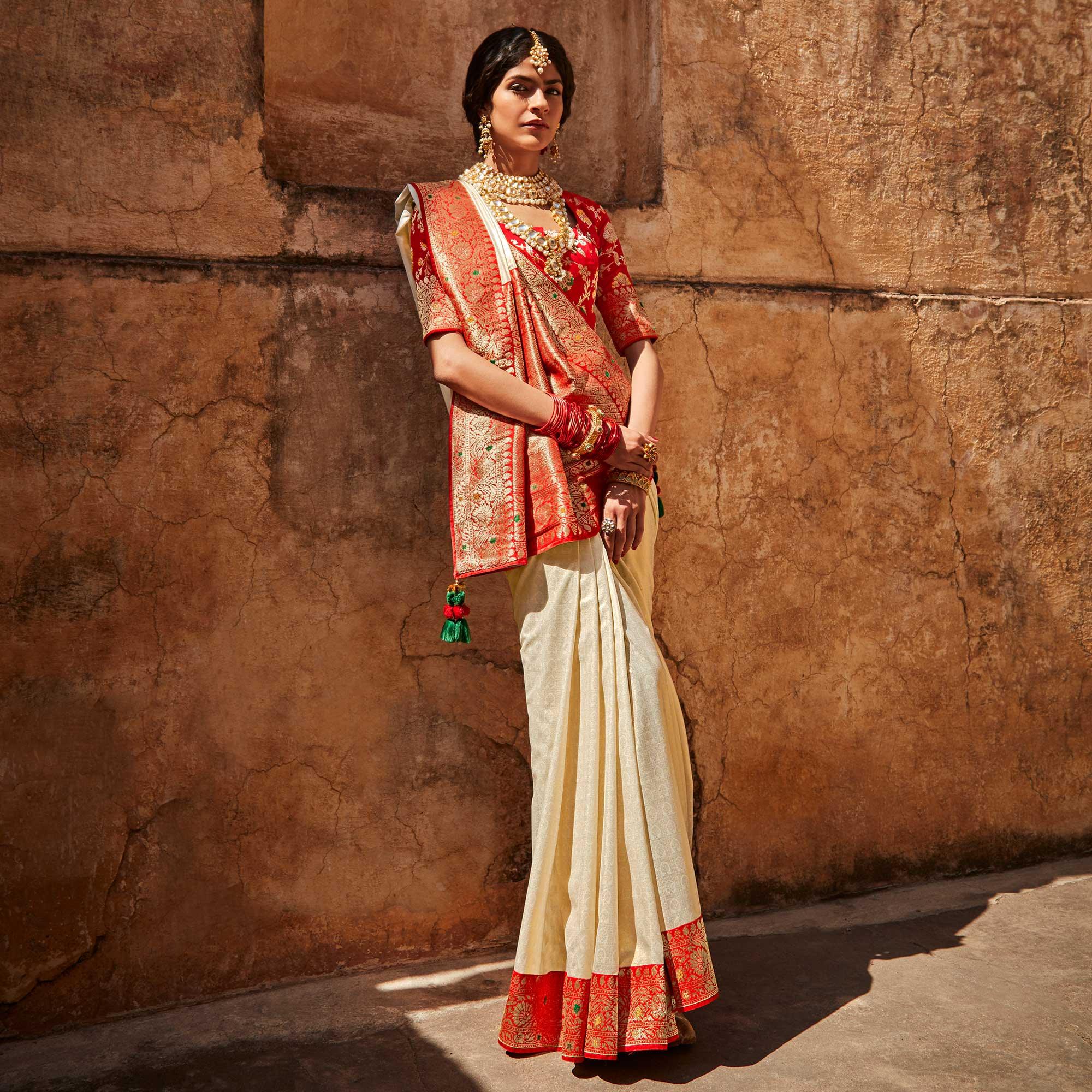 Cream Festive Wear Woven Silk Saree - Peachmode