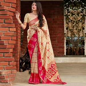 Cream Festive Wear Woven Soft Banarasi Silk Saree - Peachmode