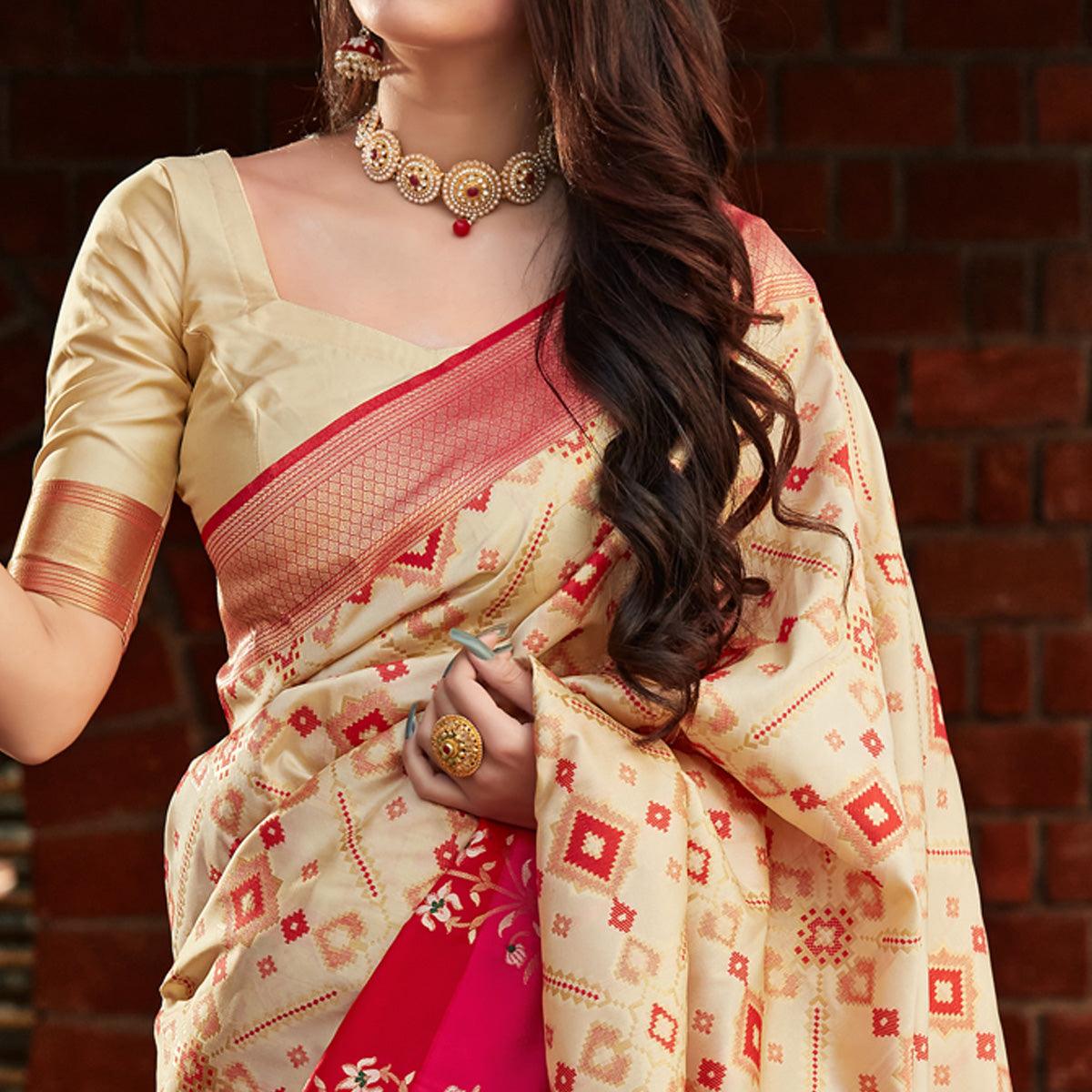 Cream Festive Wear Woven Soft Banarasi Silk Saree - Peachmode