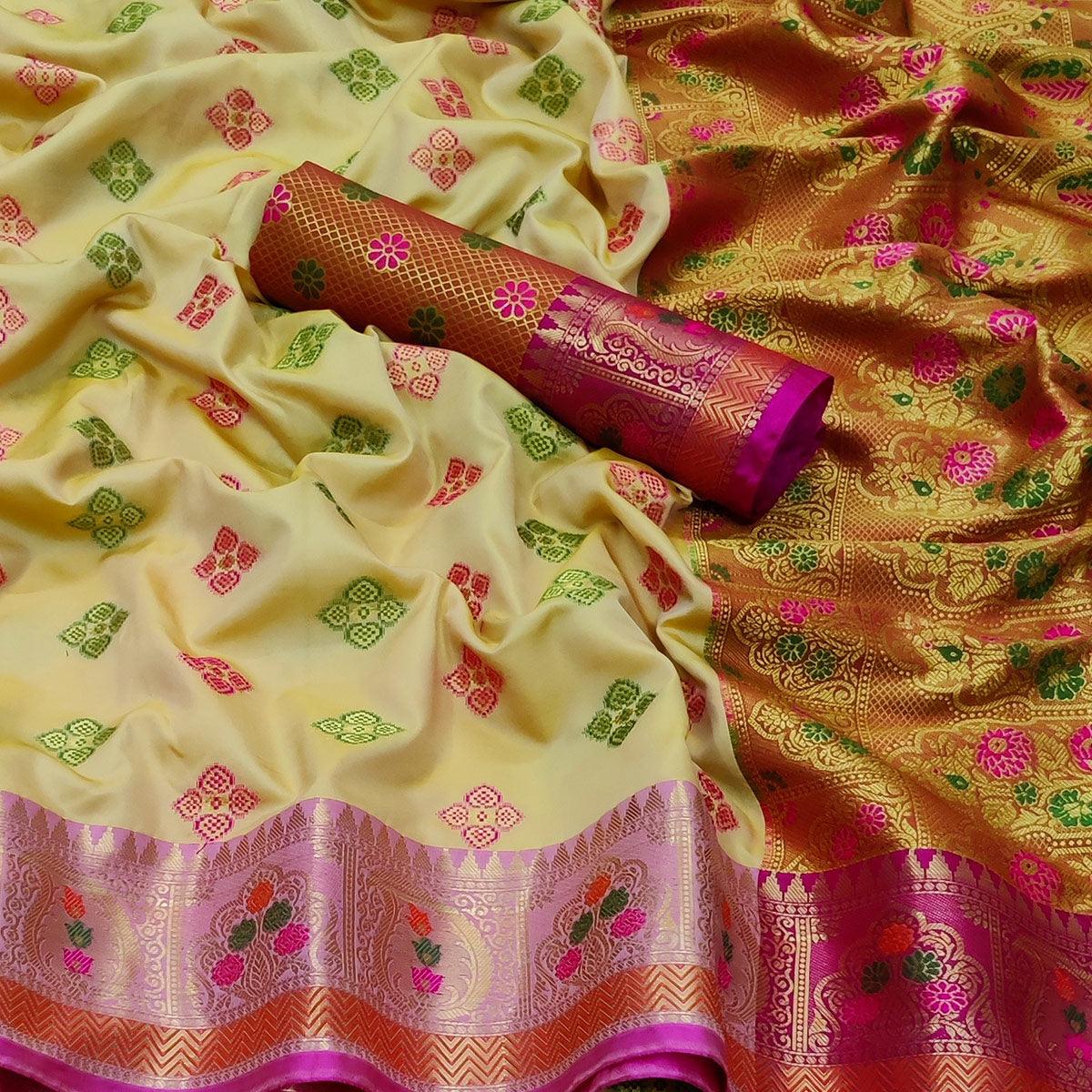 Cream Festive Wear Woven Soft Banarasi Silk Saree - Peachmode