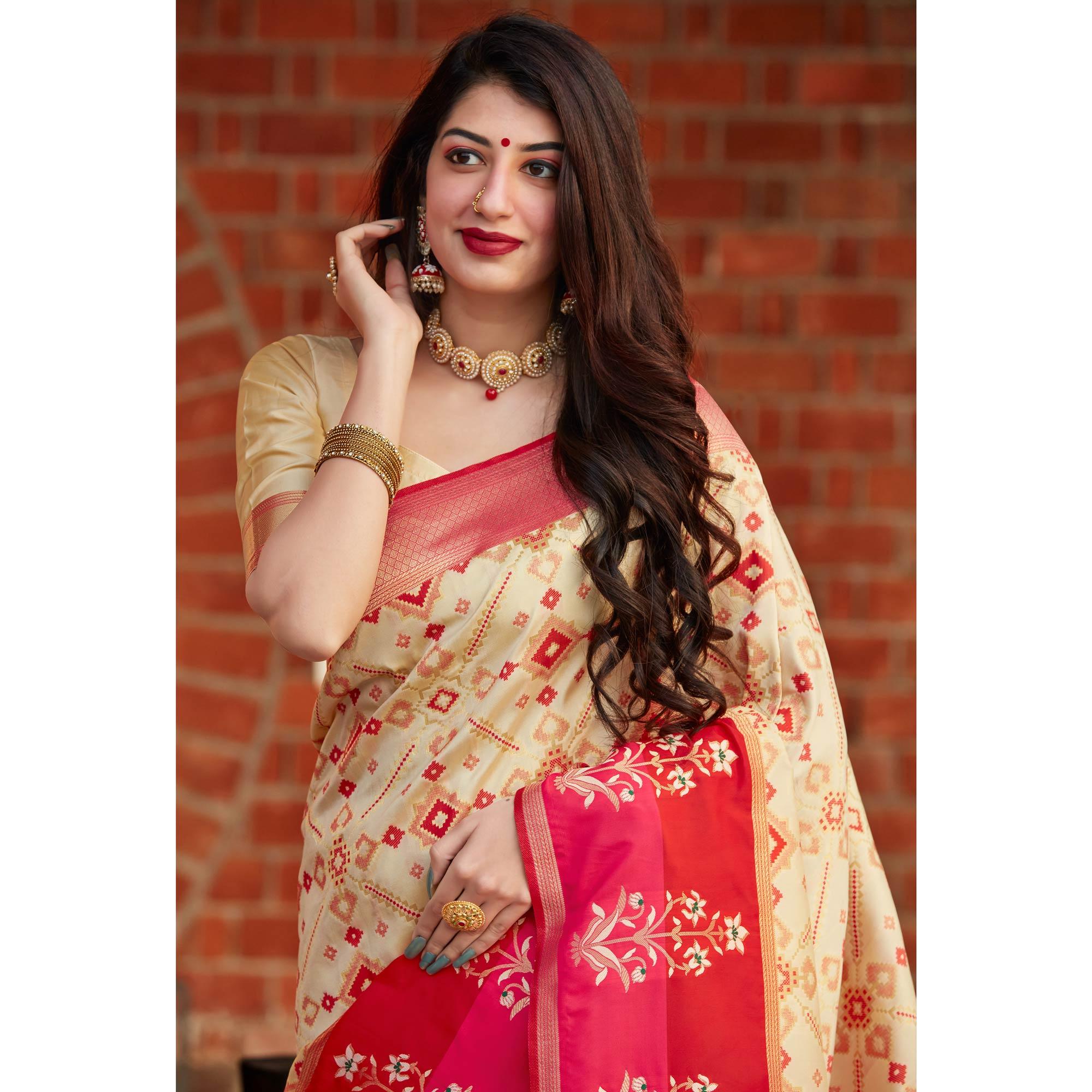 Cream Festive Wear Woven Soft Banarasi Silk Saree - Peachmode