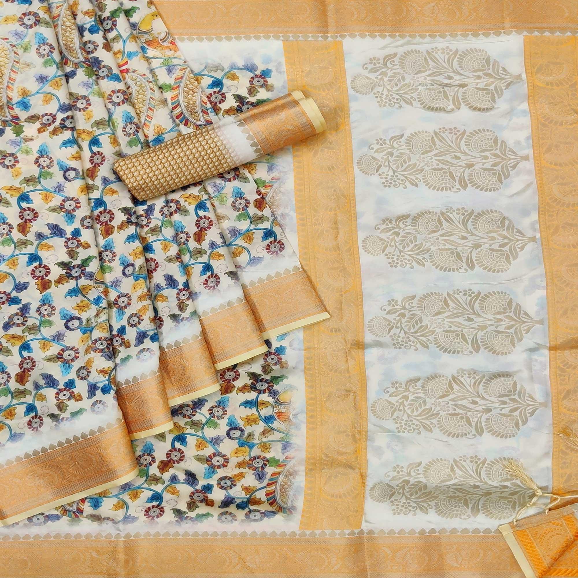 Cream Festive Wear Woven With Digital Floral Printed Silk Saree - Peachmode