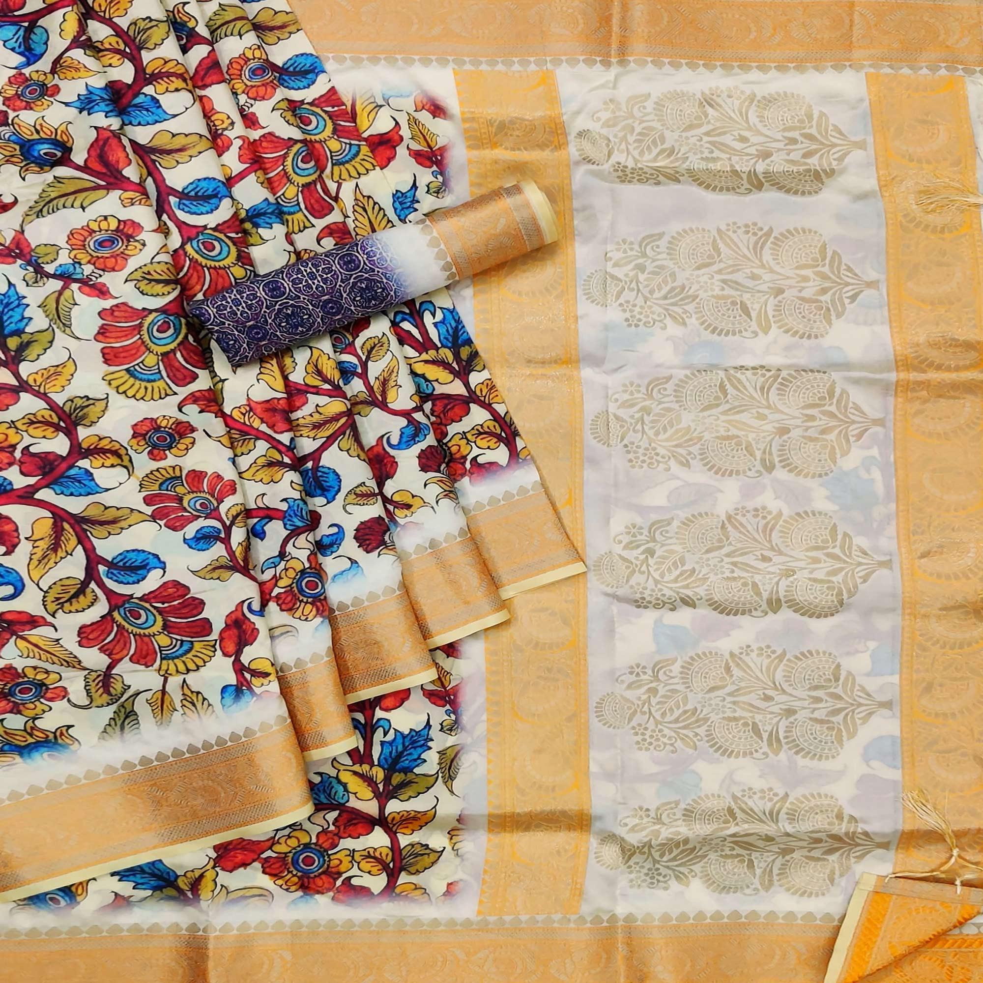 Cream Festive Wear Woven With Digital Floral Printed Silk Saree - Peachmode