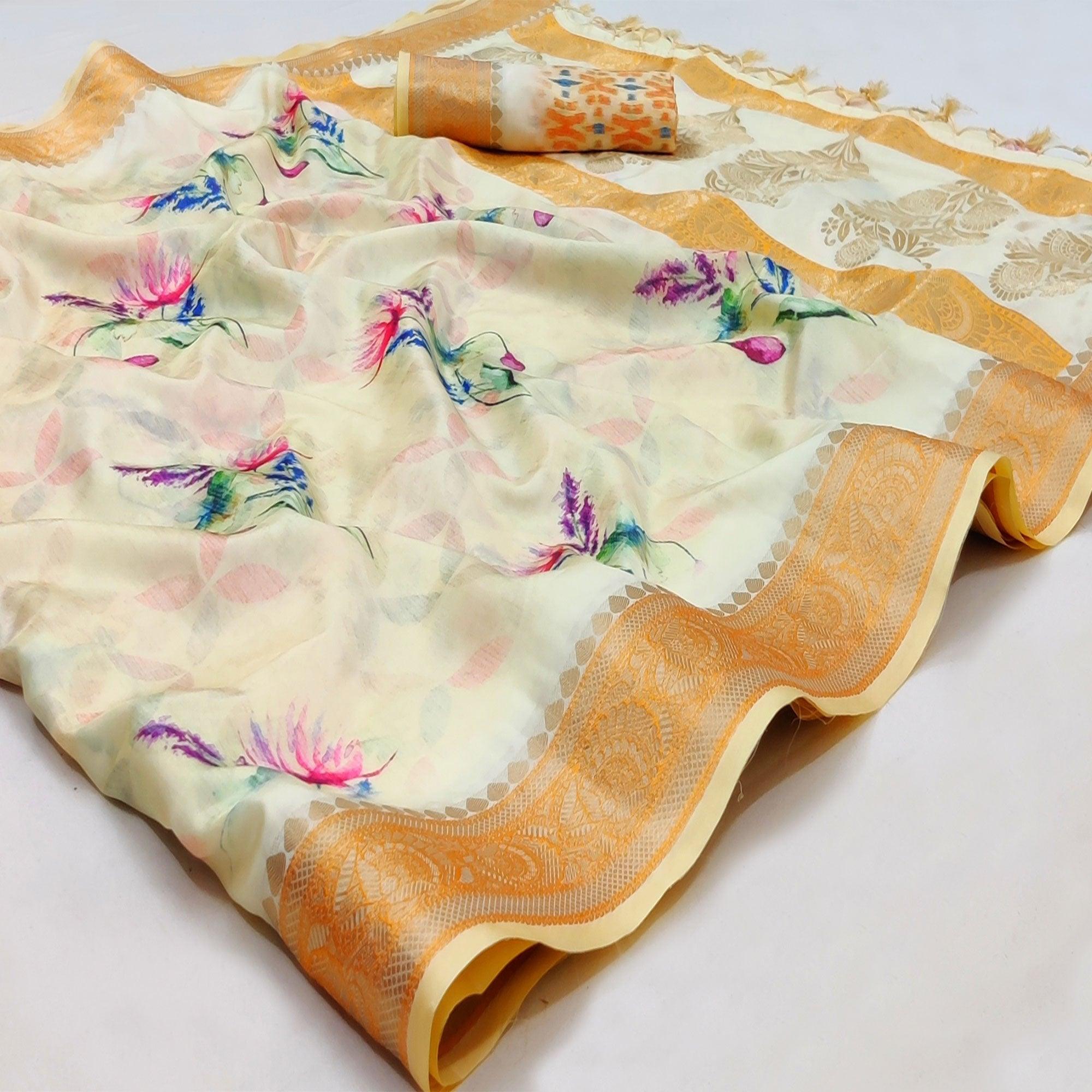 Cream Festive Wear Woven With Digital Floral Printed Silk Saree - Peachmode