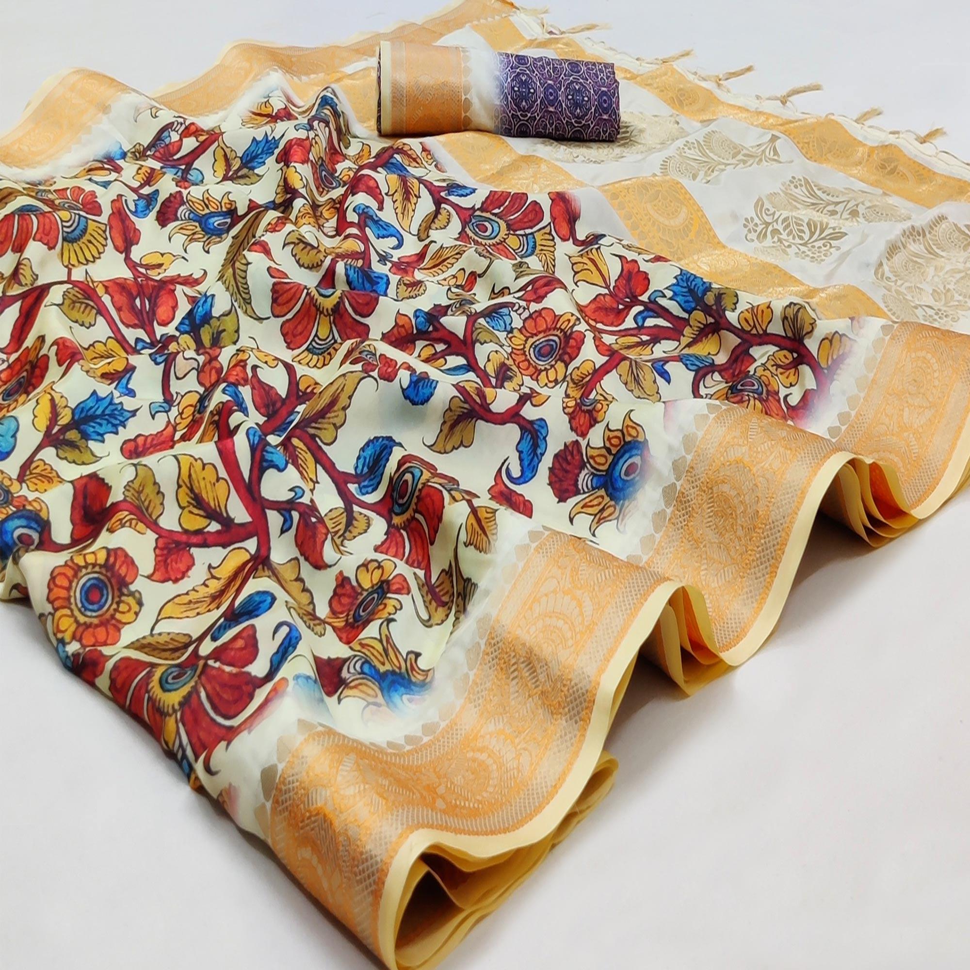 Cream Festive Wear Woven With Digital Floral Printed Silk Saree - Peachmode