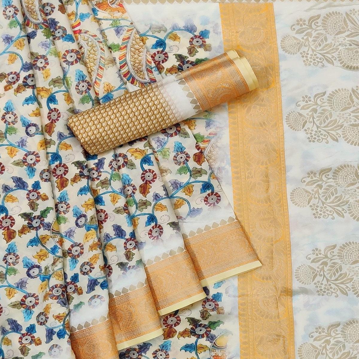 Cream Festive Wear Woven With Digital Floral Printed Silk Saree - Peachmode