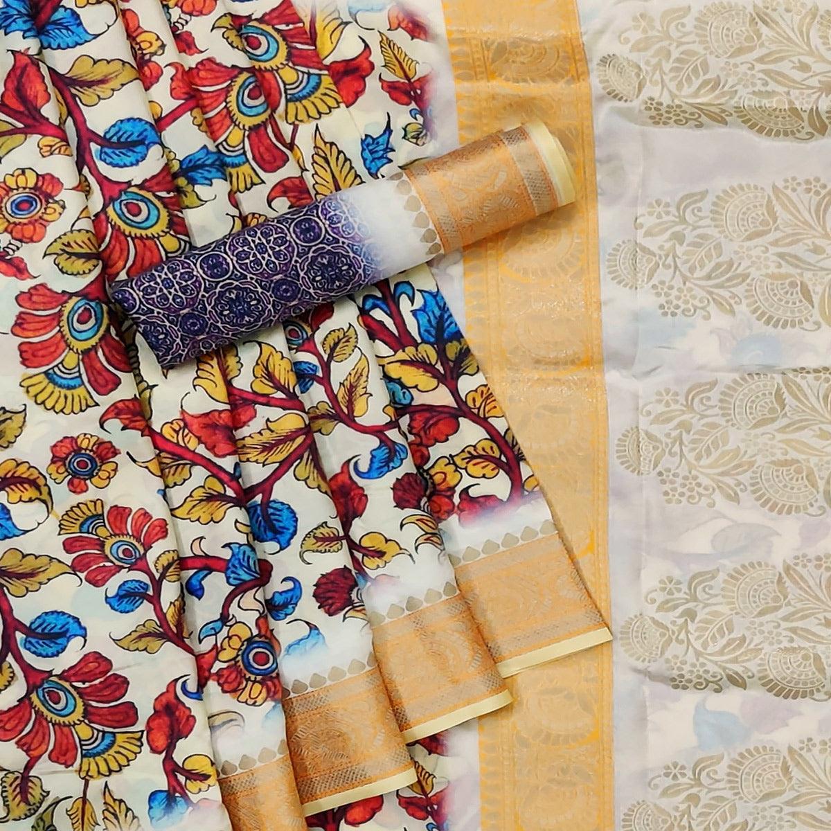 Cream Festive Wear Woven With Digital Floral Printed Silk Saree - Peachmode