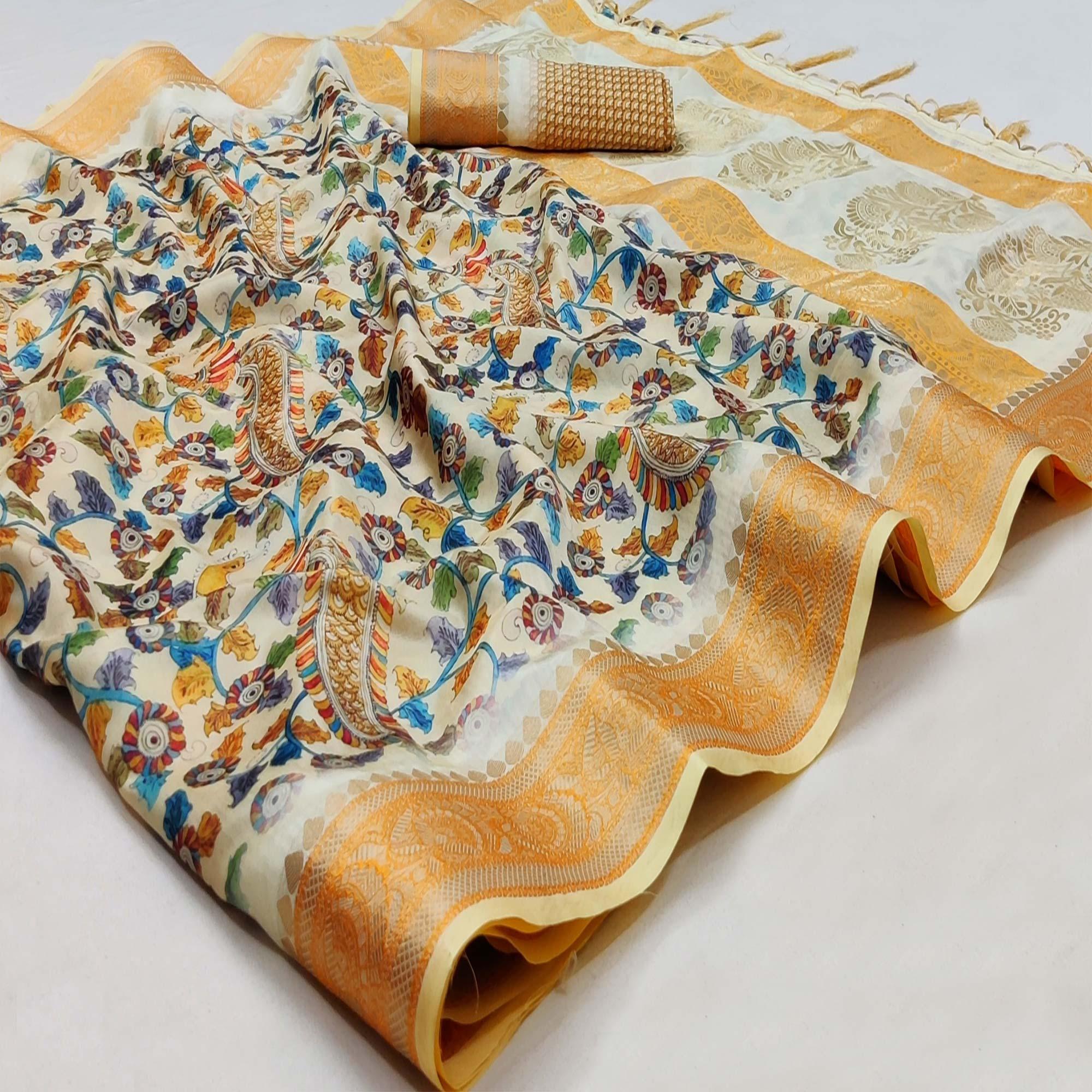 Cream Festive Wear Woven With Digital Floral Printed Silk Saree - Peachmode