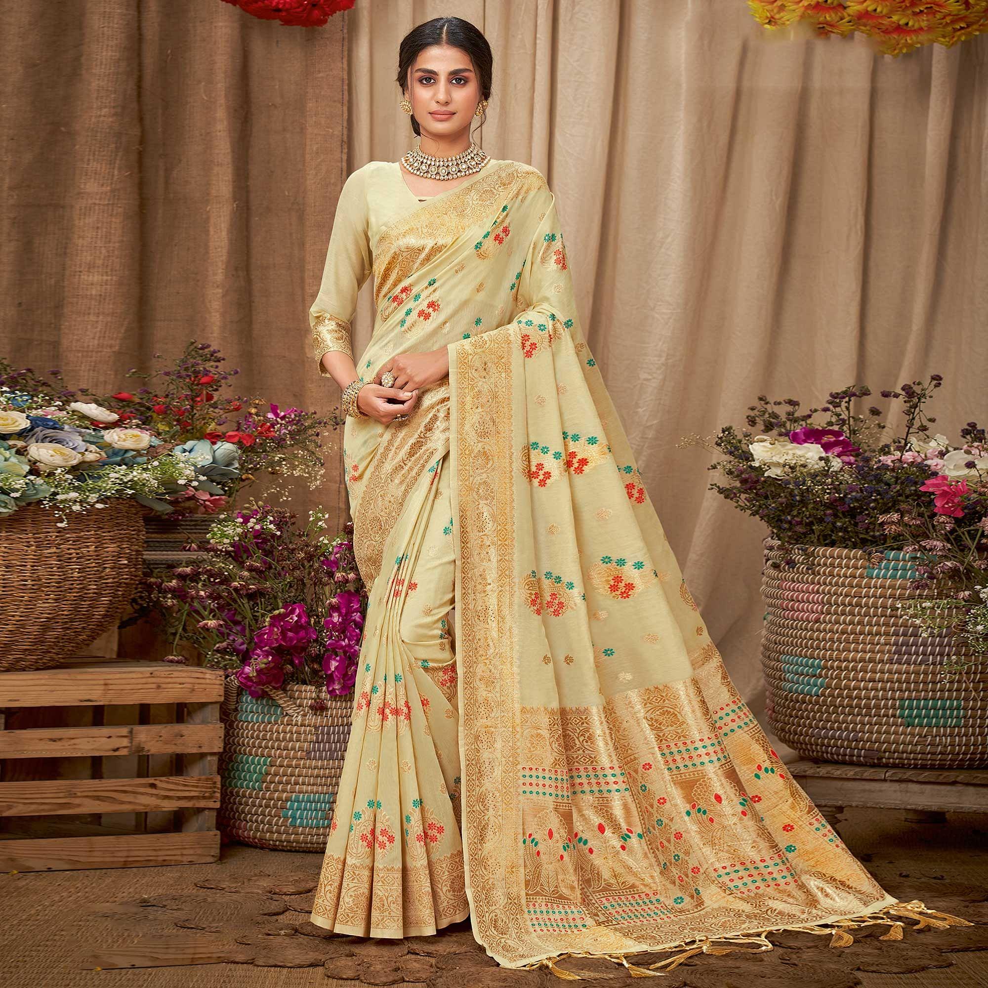 Cream Festive Wear Woven With Embellished Cotton Saree With Tassels - Peachmode