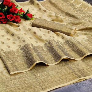 Cream Festive Wear Woven With  Meena Butta Rich Pallu Cotton Saree - Peachmode