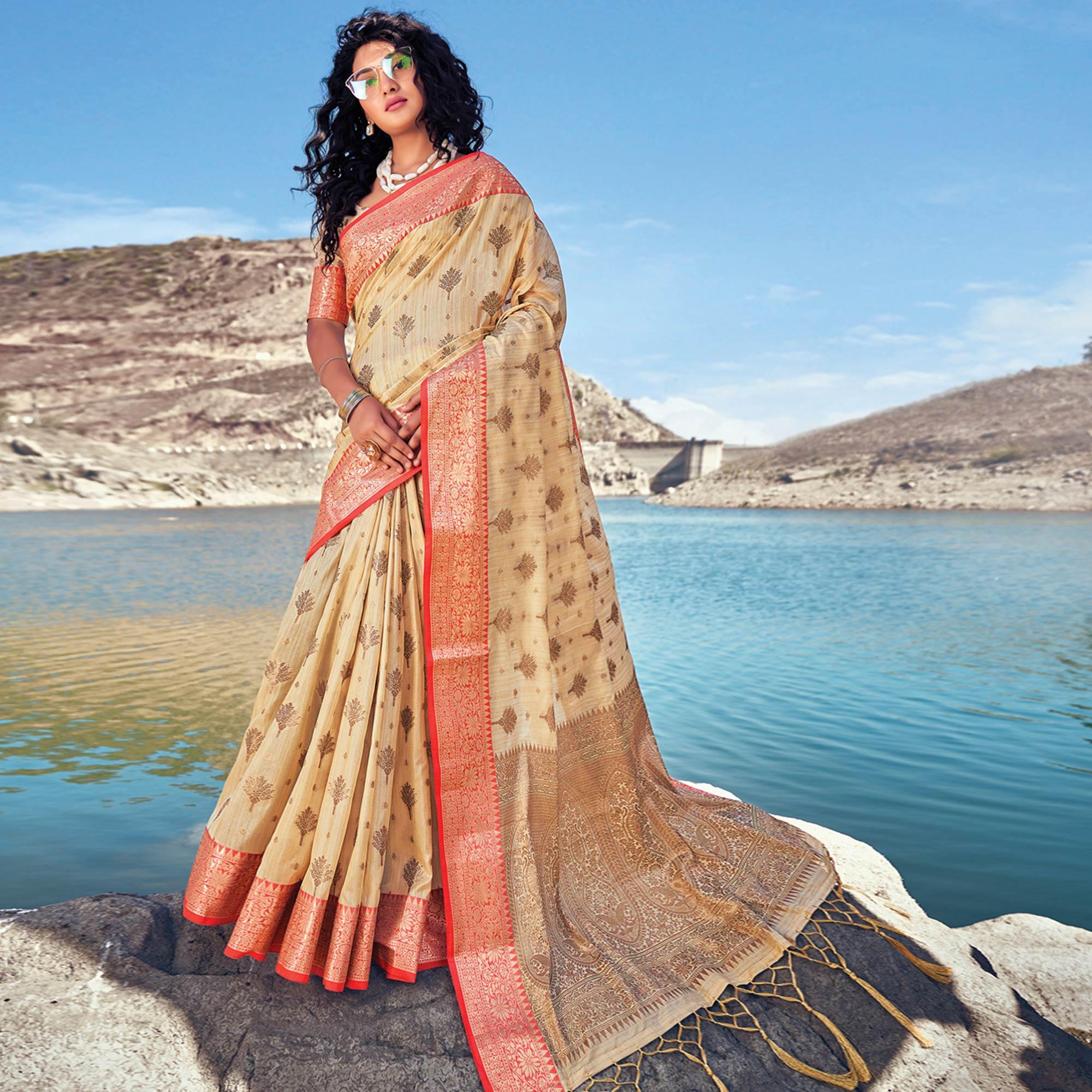 Cream Festive Wear Zari Woven Banarasi Silk Saree - Peachmode