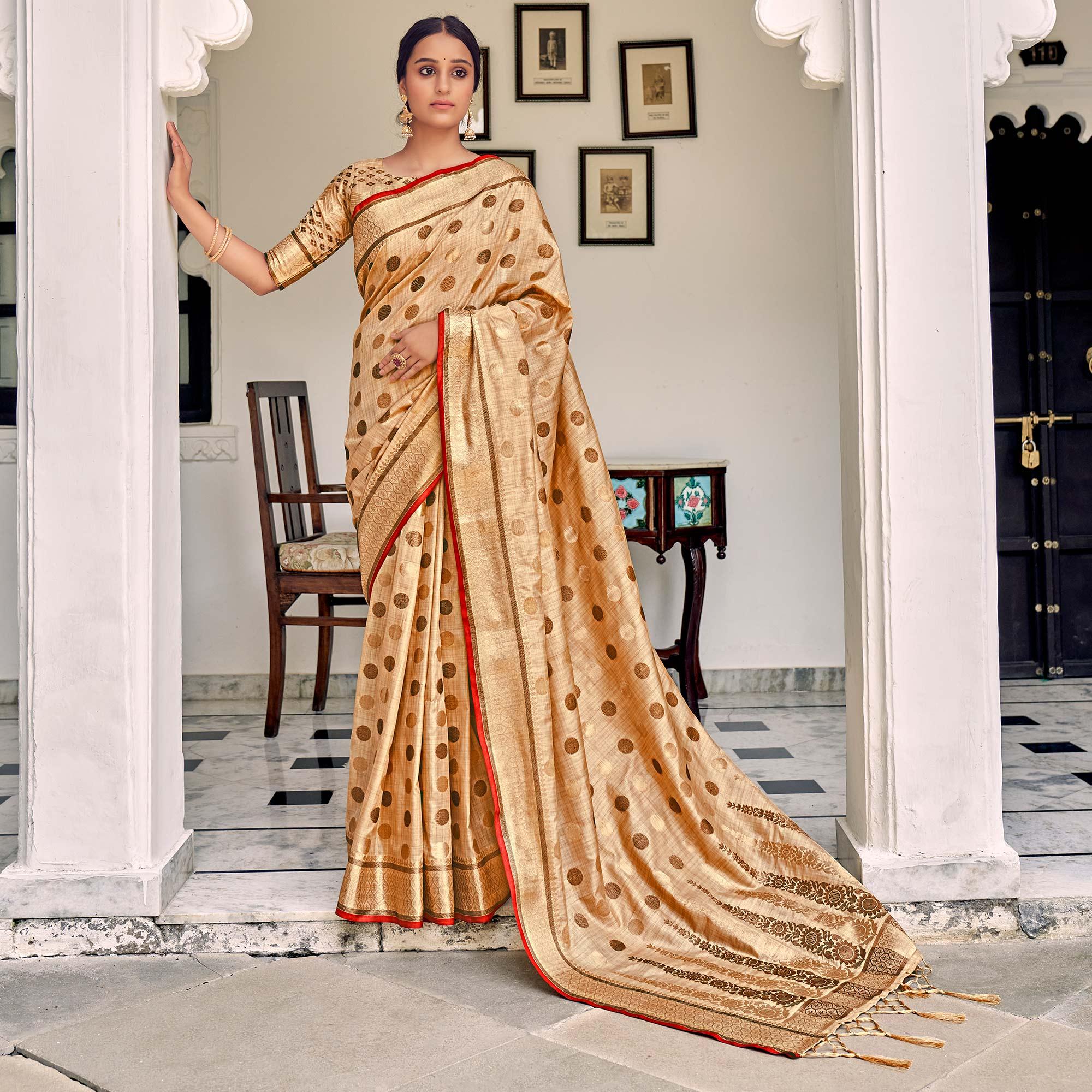 Cream Festive Wear Zari Woven Soft Ghichaa Silk Saree - Peachmode