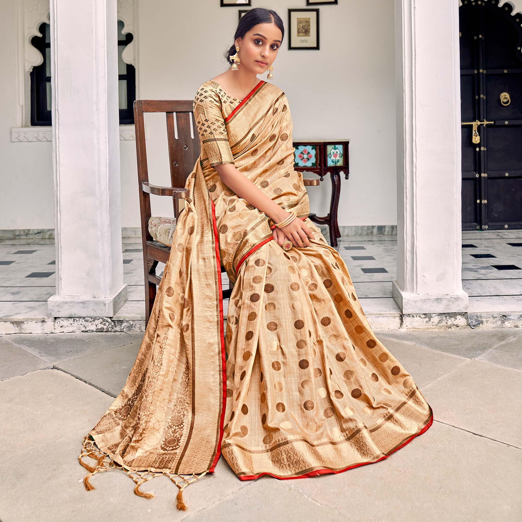 Cream Festive Wear Zari Woven Soft Ghichaa Silk Saree - Peachmode