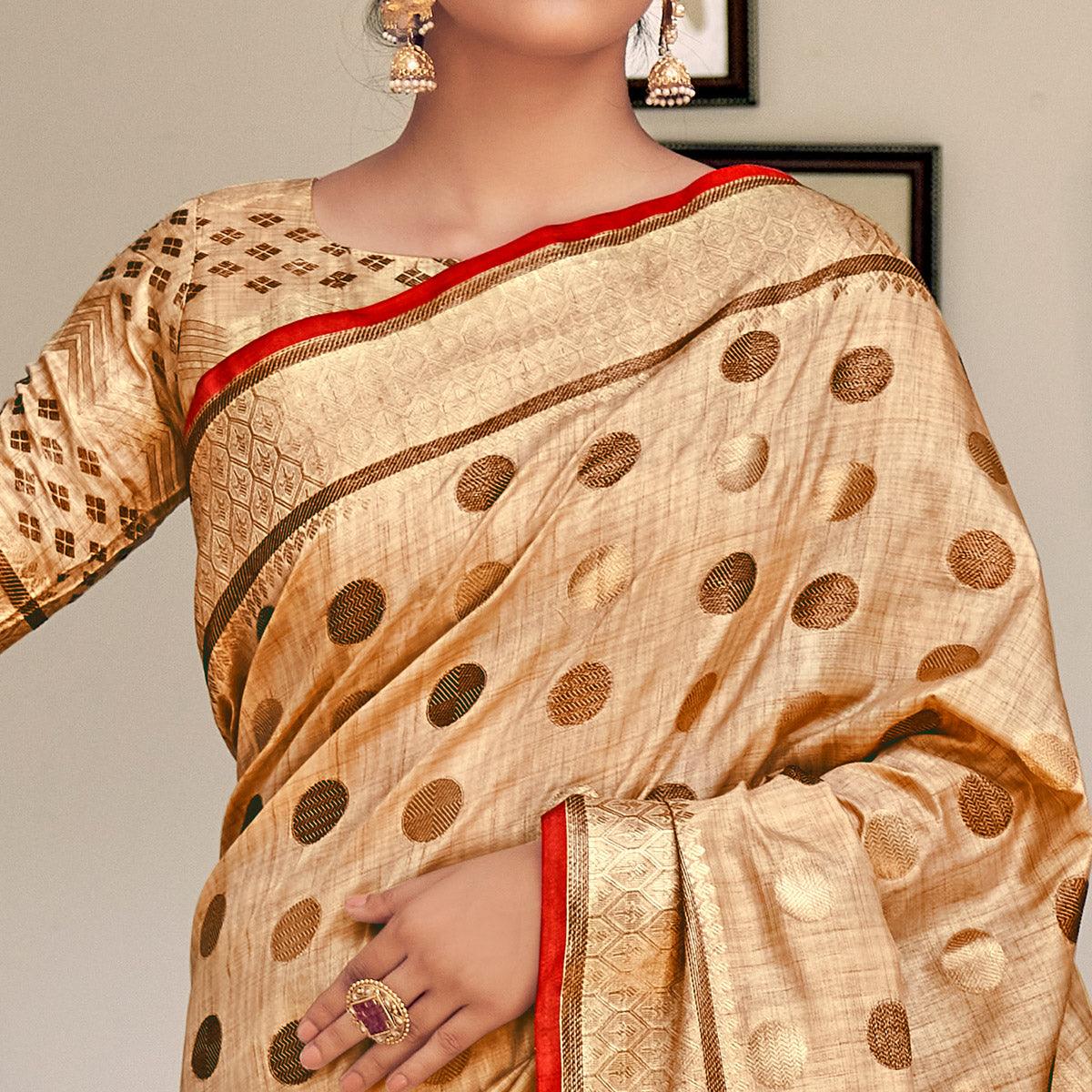 Cream Festive Wear Zari Woven Soft Ghichaa Silk Saree - Peachmode