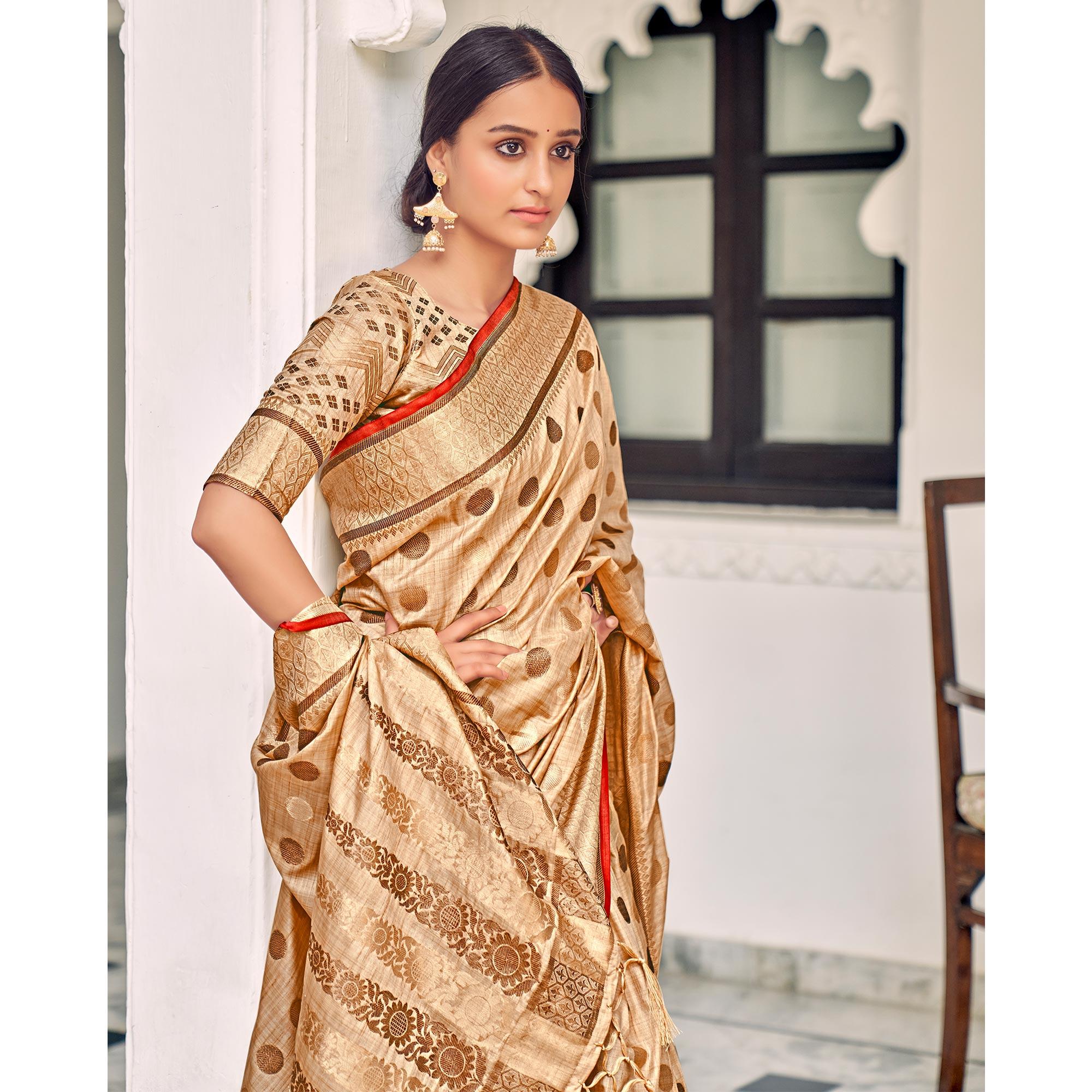 Cream Festive Wear Zari Woven Soft Ghichaa Silk Saree - Peachmode