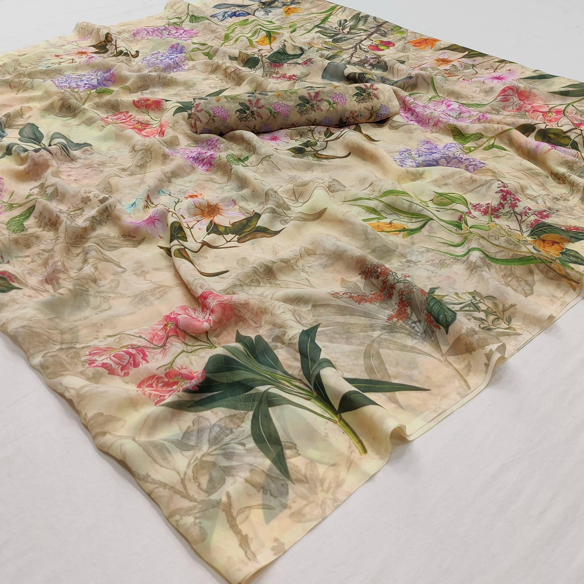 Cream Floral Digital Printed Georgette Saree - Peachmode