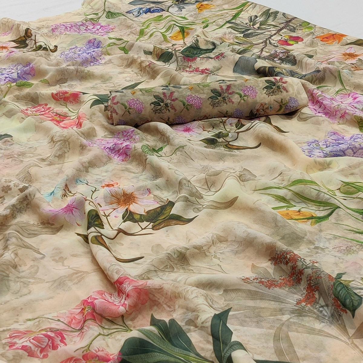 Cream Floral Digital Printed Georgette Saree - Peachmode