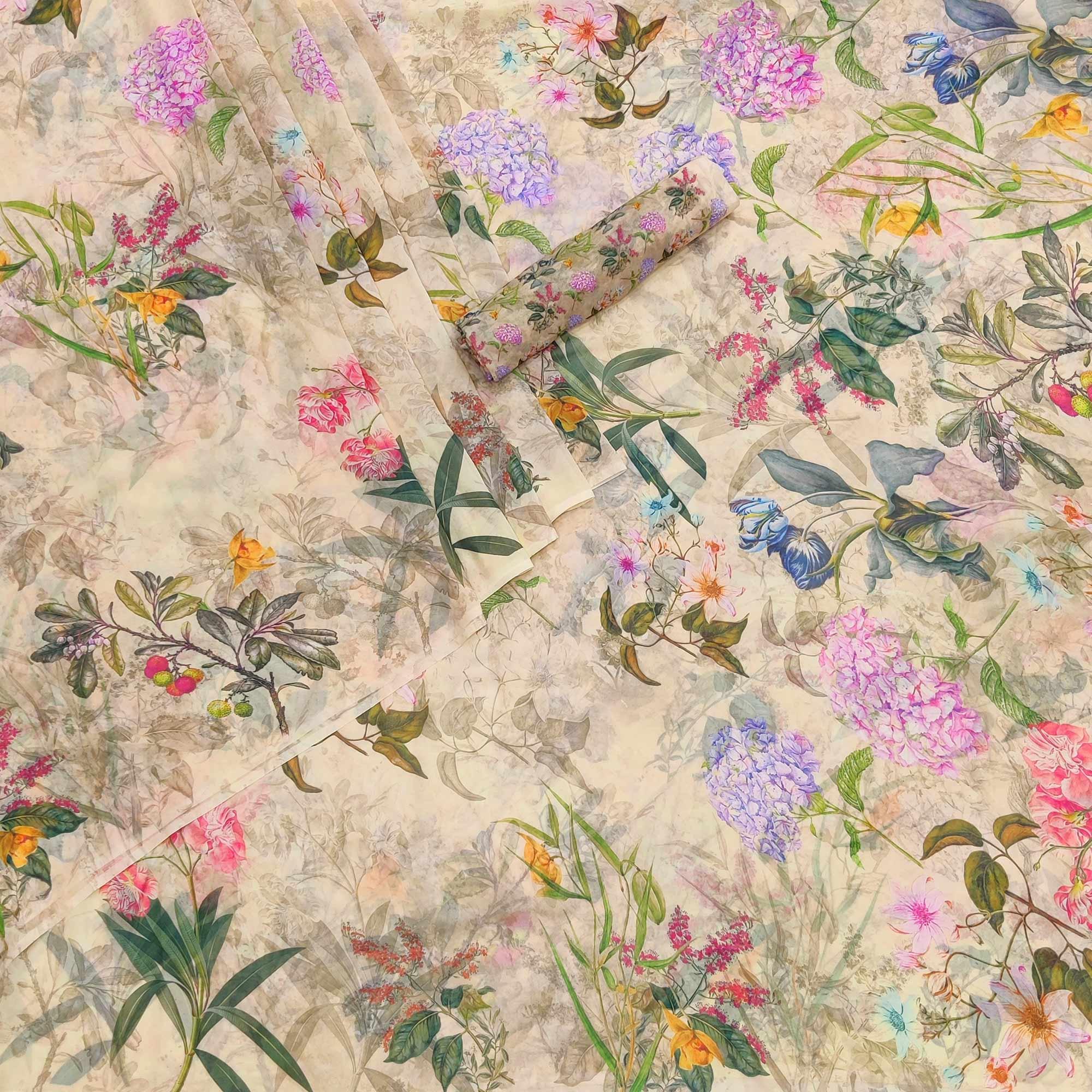 Cream Floral Digital Printed Georgette Saree - Peachmode