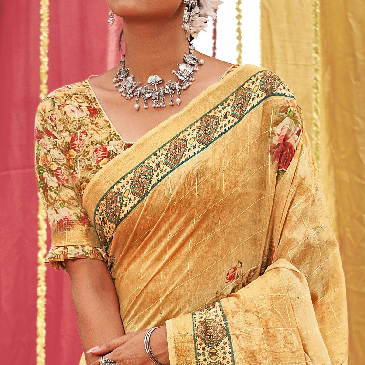 Cream Floral Digital Printed Linen Saree With Tassels - Peachmode