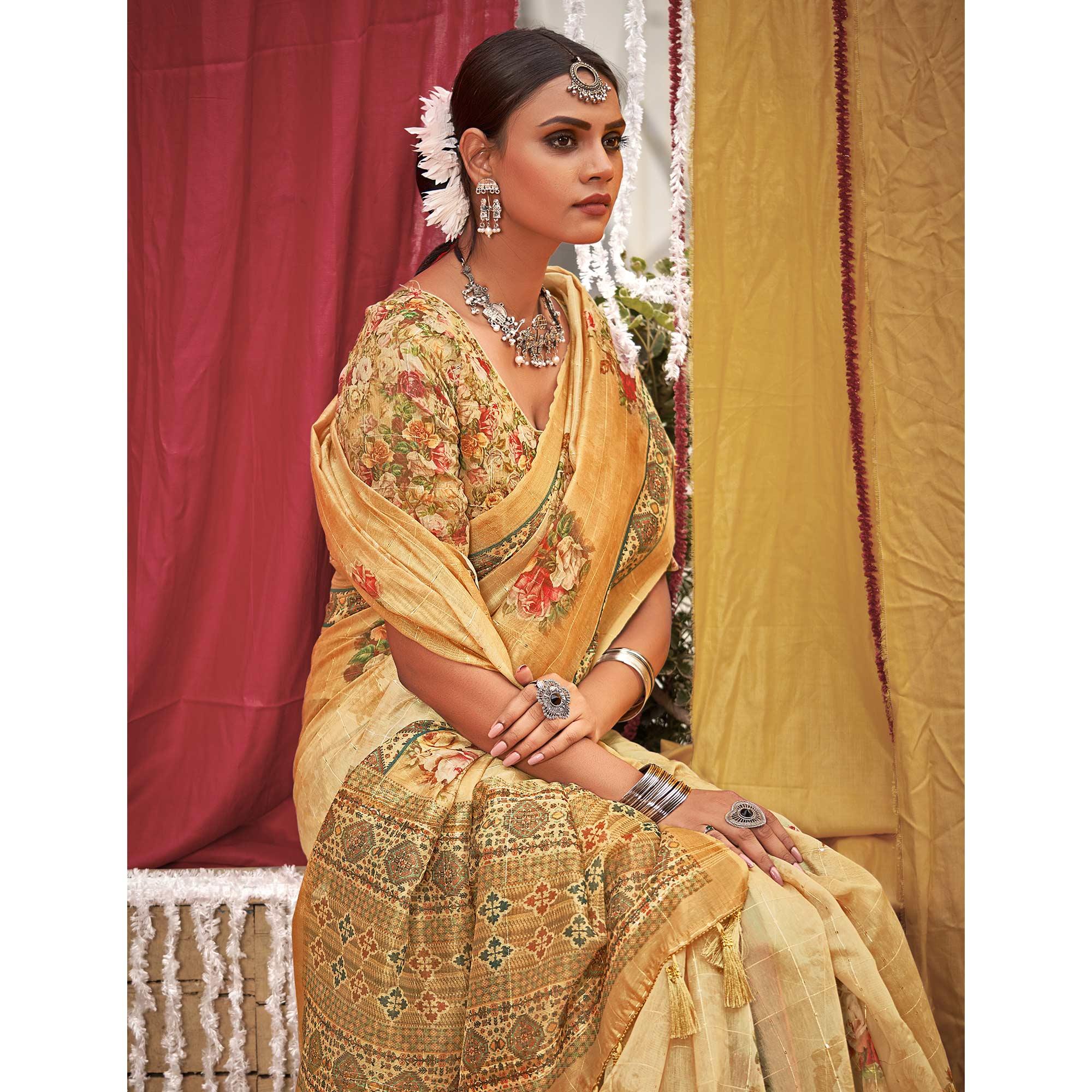 Cream Floral Digital Printed Linen Saree With Tassels - Peachmode