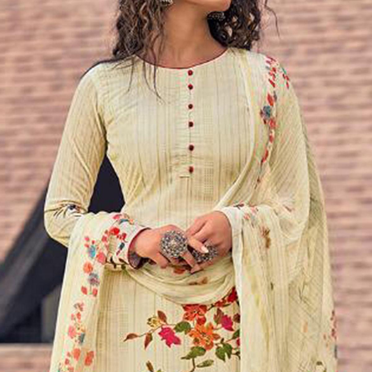 Cream Floral Digital Printed With Handwork Cambric Cotton Partywear Suit - Peachmode