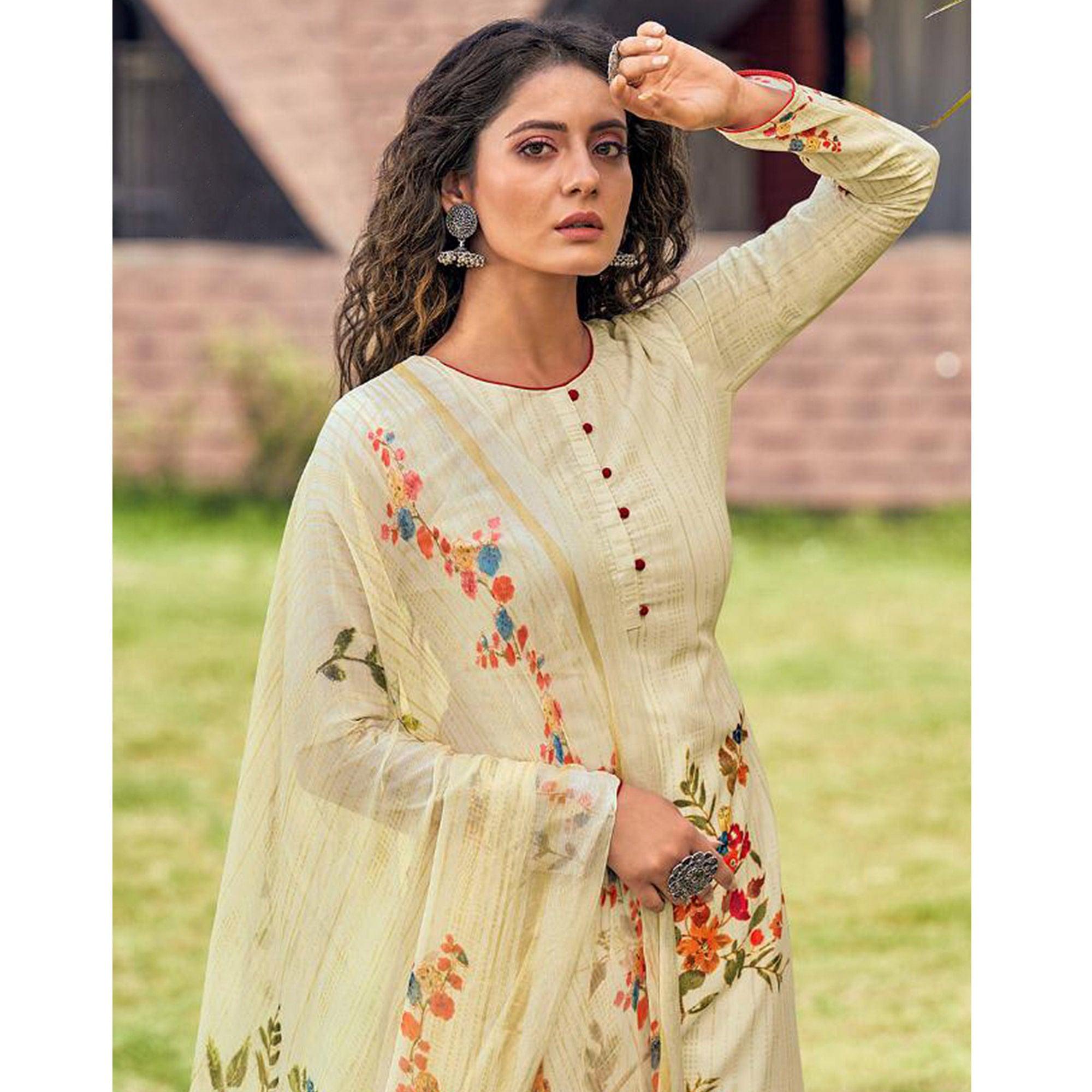 Cream Floral Digital Printed With Handwork Cambric Cotton Partywear Suit - Peachmode