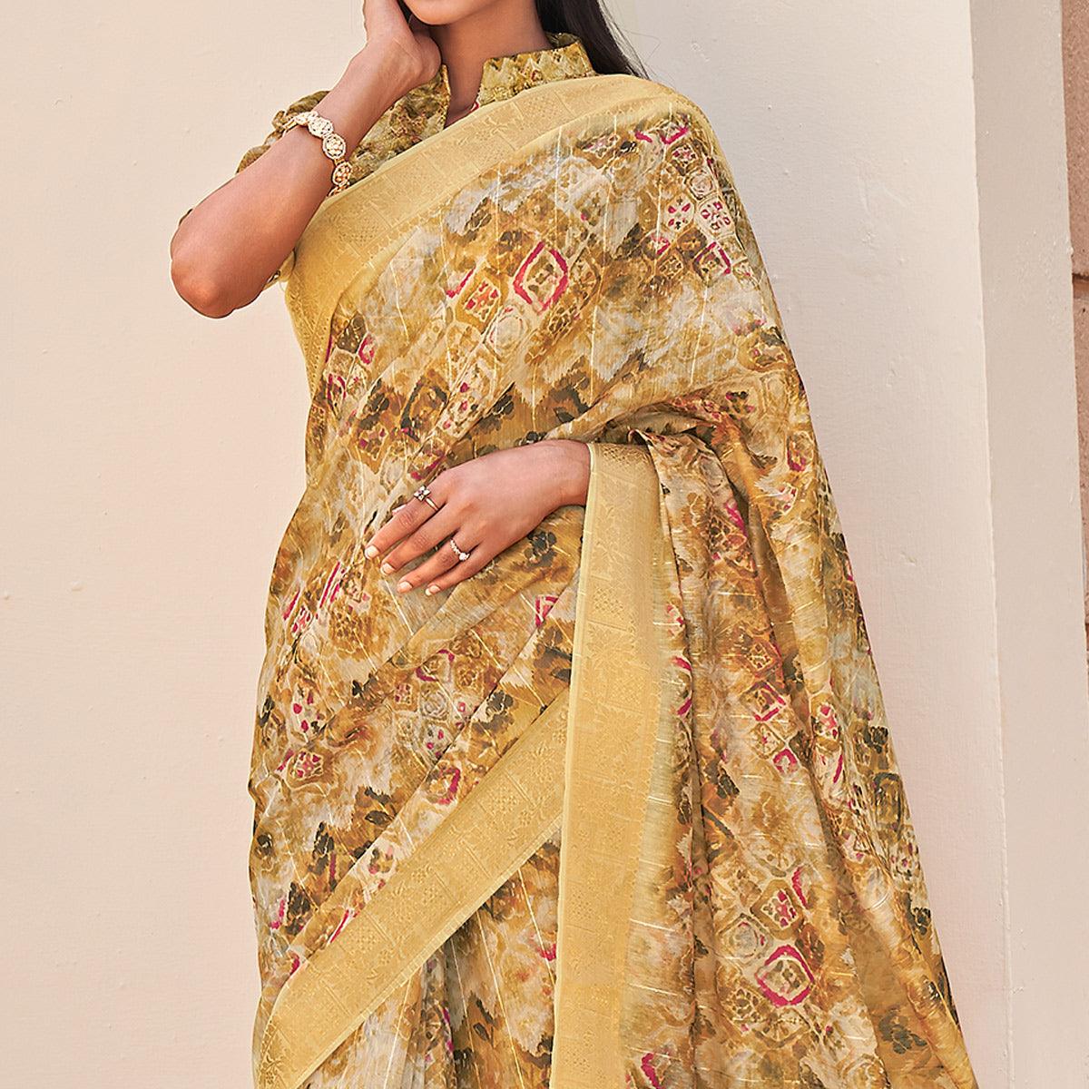 Cream Floral Digital Printed With Sequence Linen Saree - Peachmode