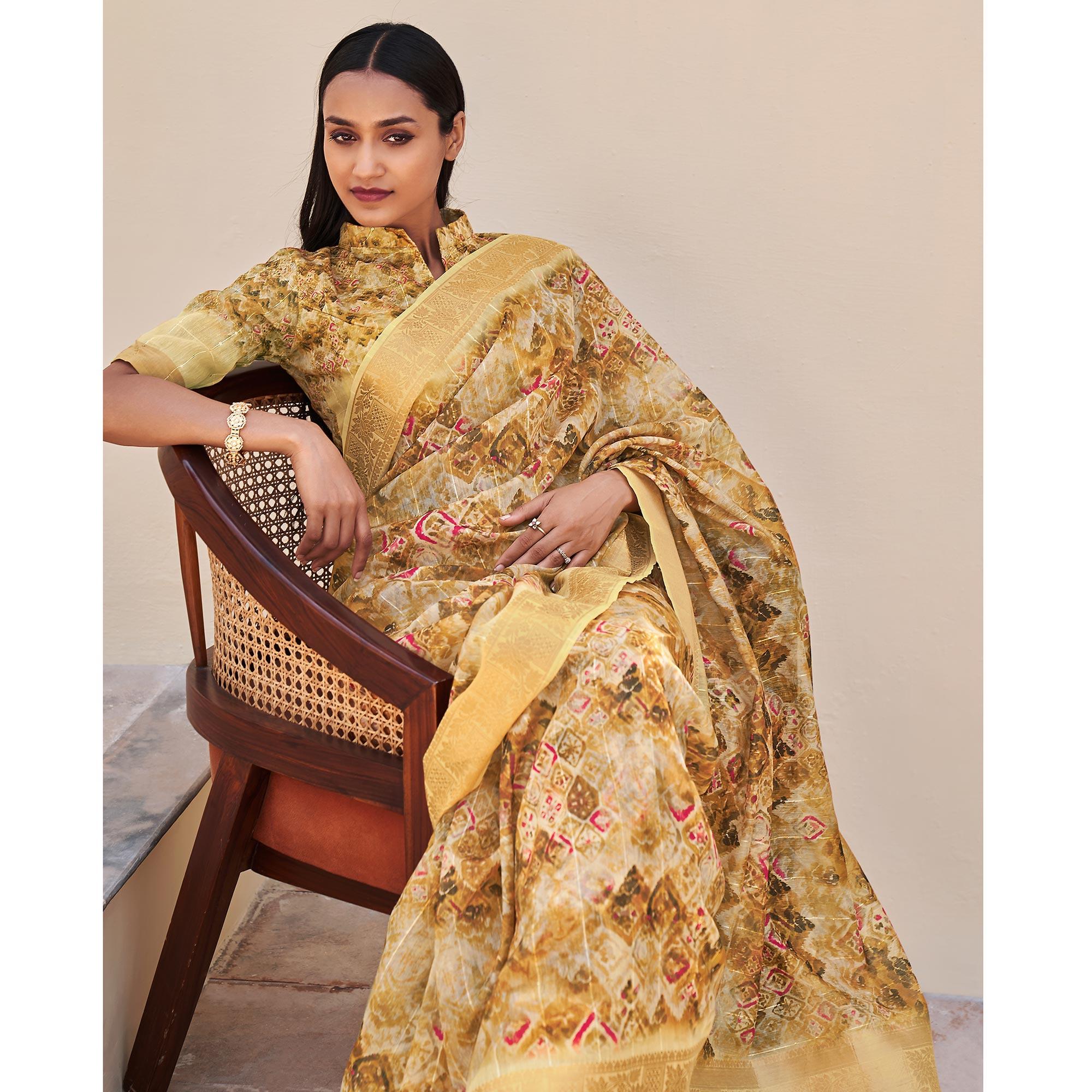 Cream Floral Digital Printed With Sequence Linen Saree - Peachmode