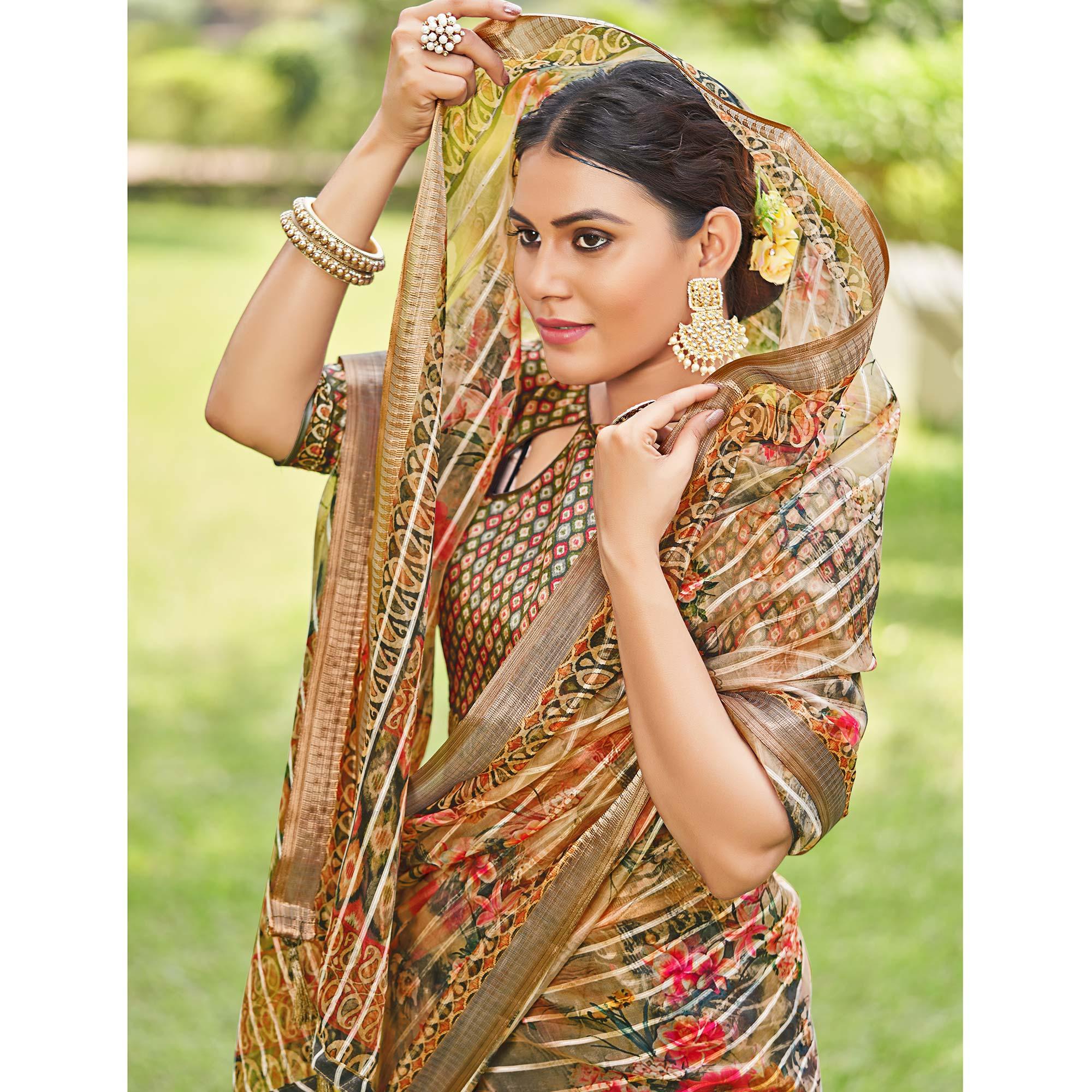 Cream Floral Digital Printed With Sequence Linen Saree - Peachmode