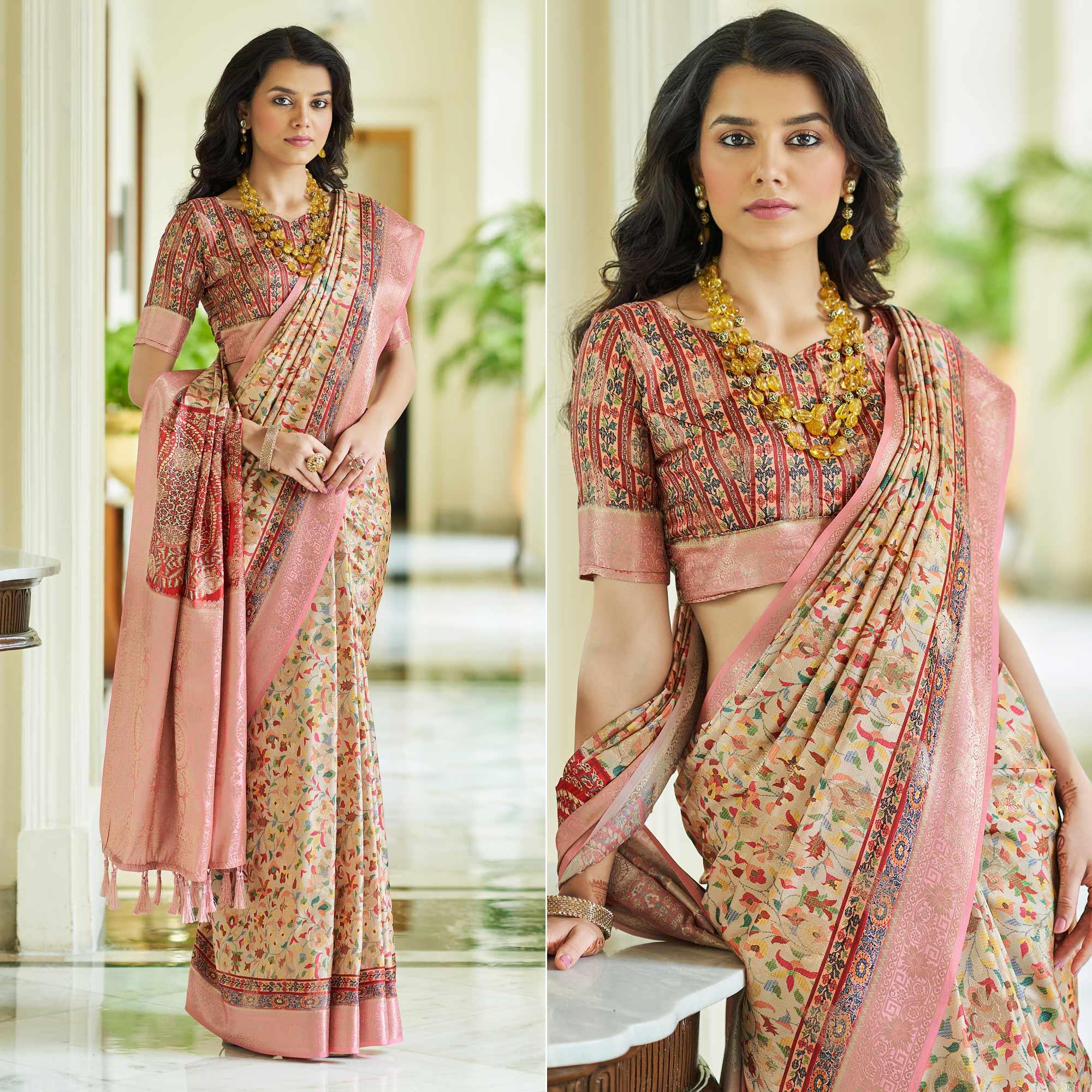 Cream Floral Digital Printed With Woven Border Art Silk Saree - Peachmode