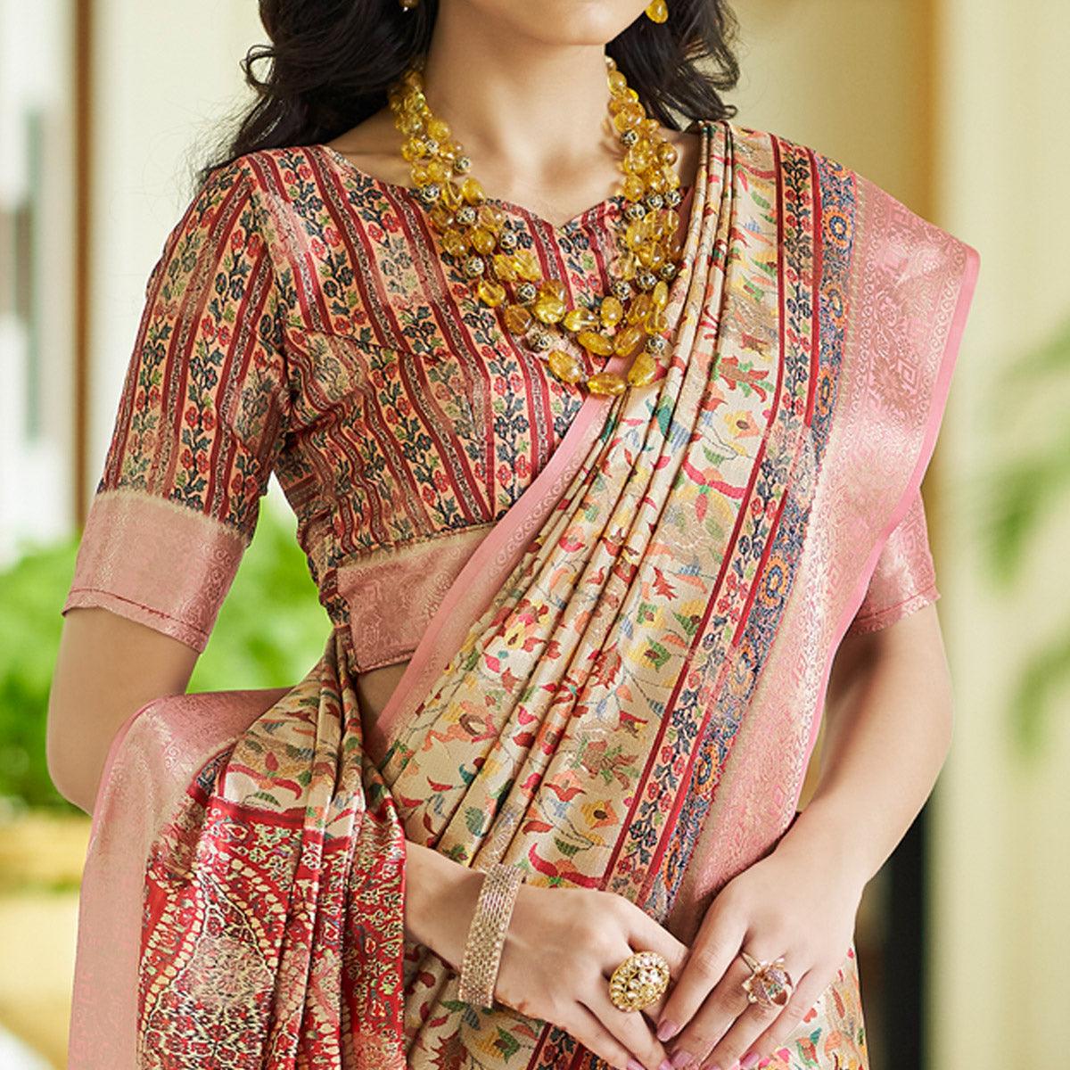 Cream Floral Digital Printed With Woven Border Art Silk Saree - Peachmode
