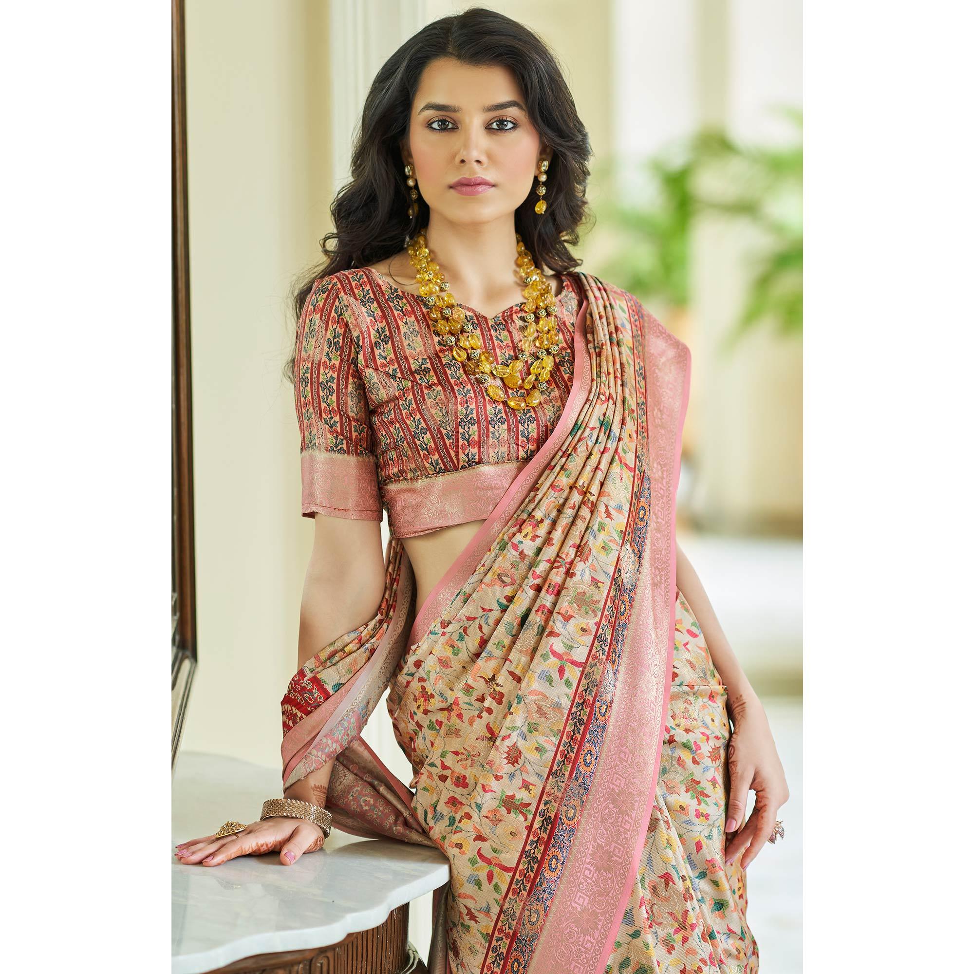 Cream Floral Digital Printed With Woven Border Art Silk Saree - Peachmode